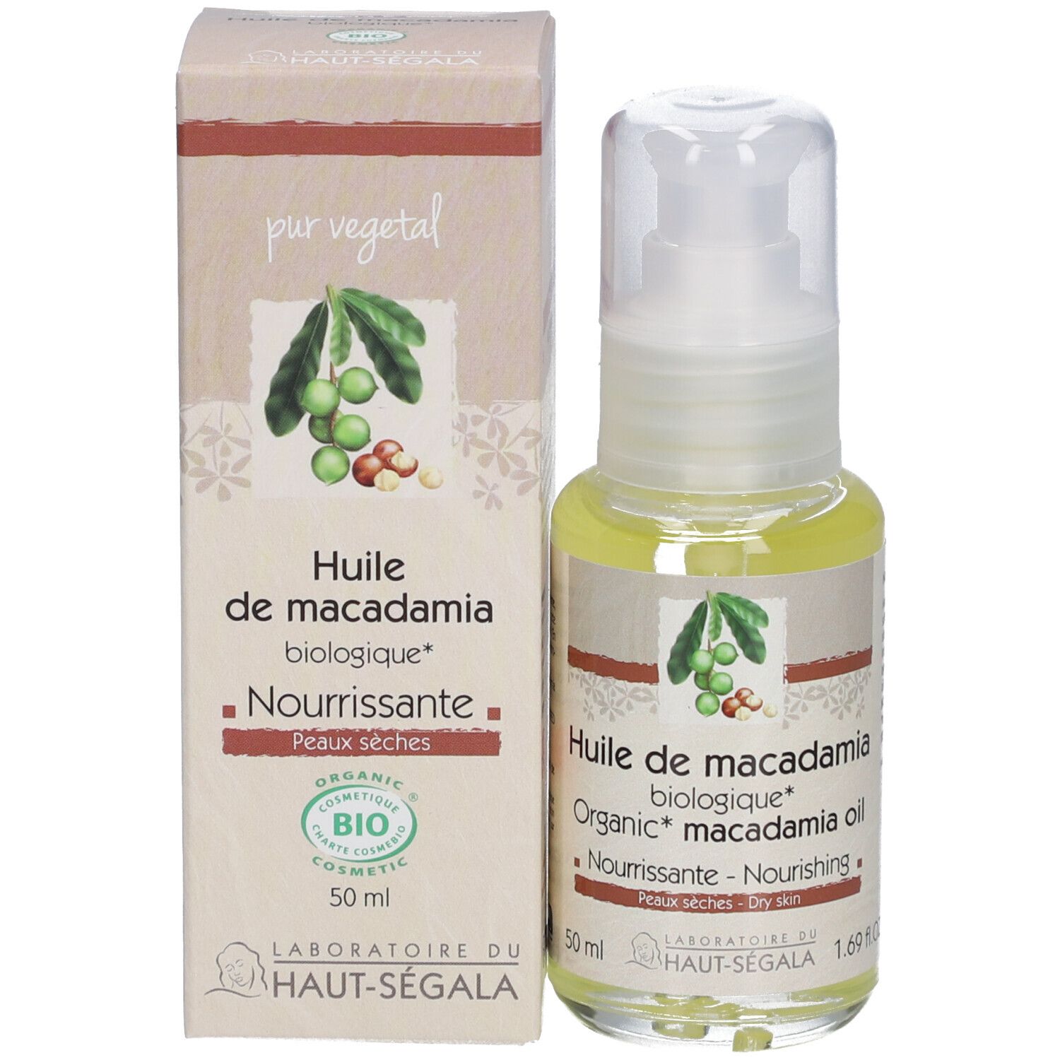 Macadamia-olie bio, fles en doos. Label met productnaam, bio-keurmerk en merk Laboratoire du Haut-Ségala.