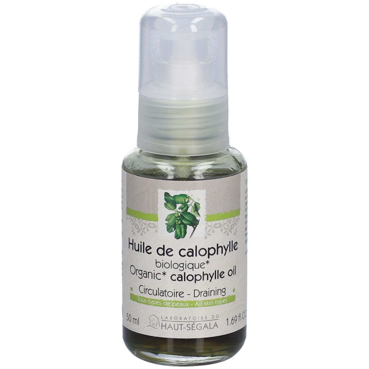 Calophyllumöl Bio fles met pomp. Label met tekst en logo. Bio-certificering.