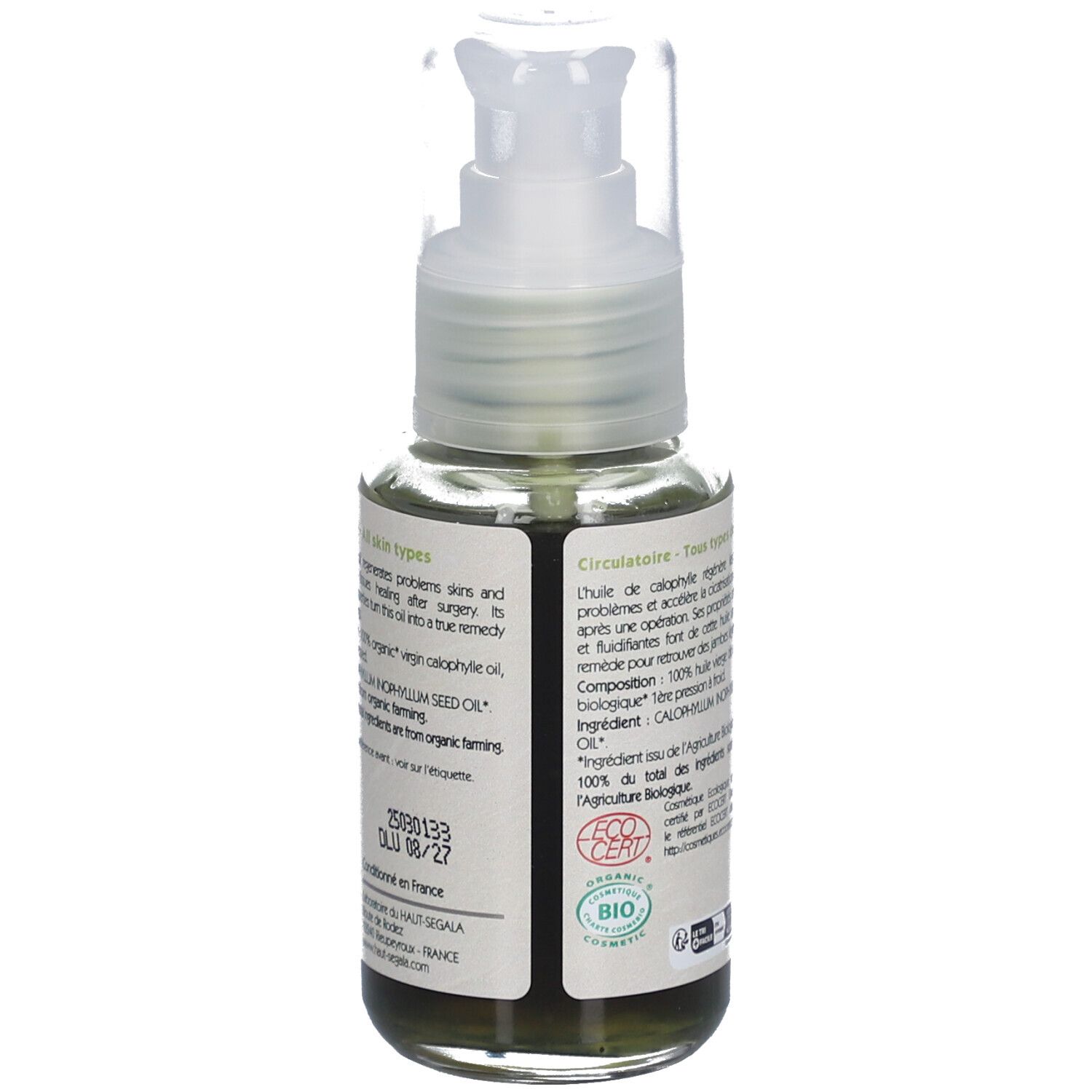 Calophyllumöl Bio fles met pomp. Achterkant met tekst. Bio-certificering.