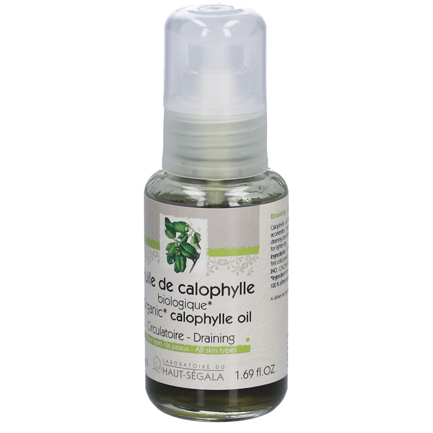 Calophyllumöl Bio fles met pomp. Achterkant met tekst. Bio-certificering.
