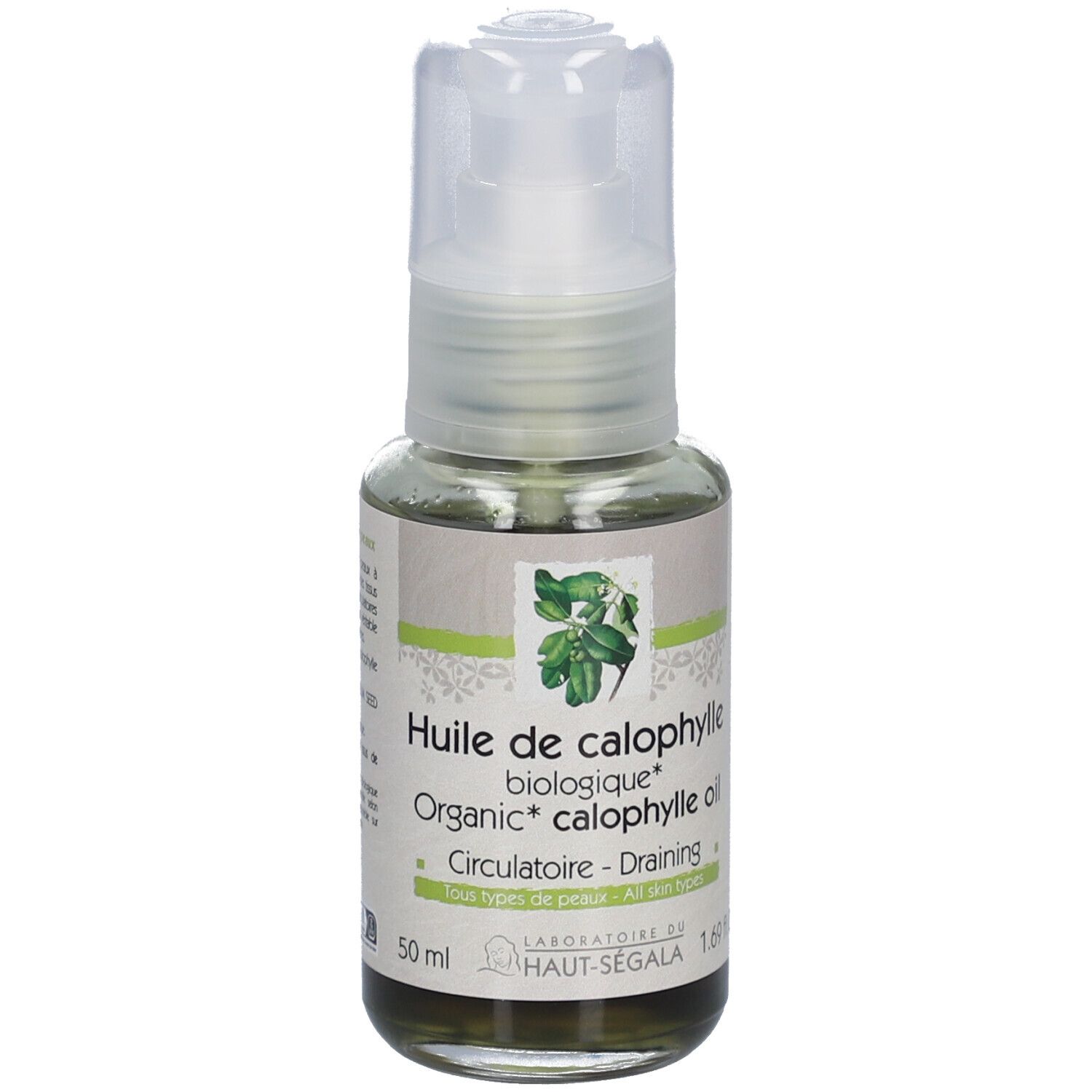 Calophyllumöl Bio fles met pomp. Label met tekst en logo. Bio-certificering.