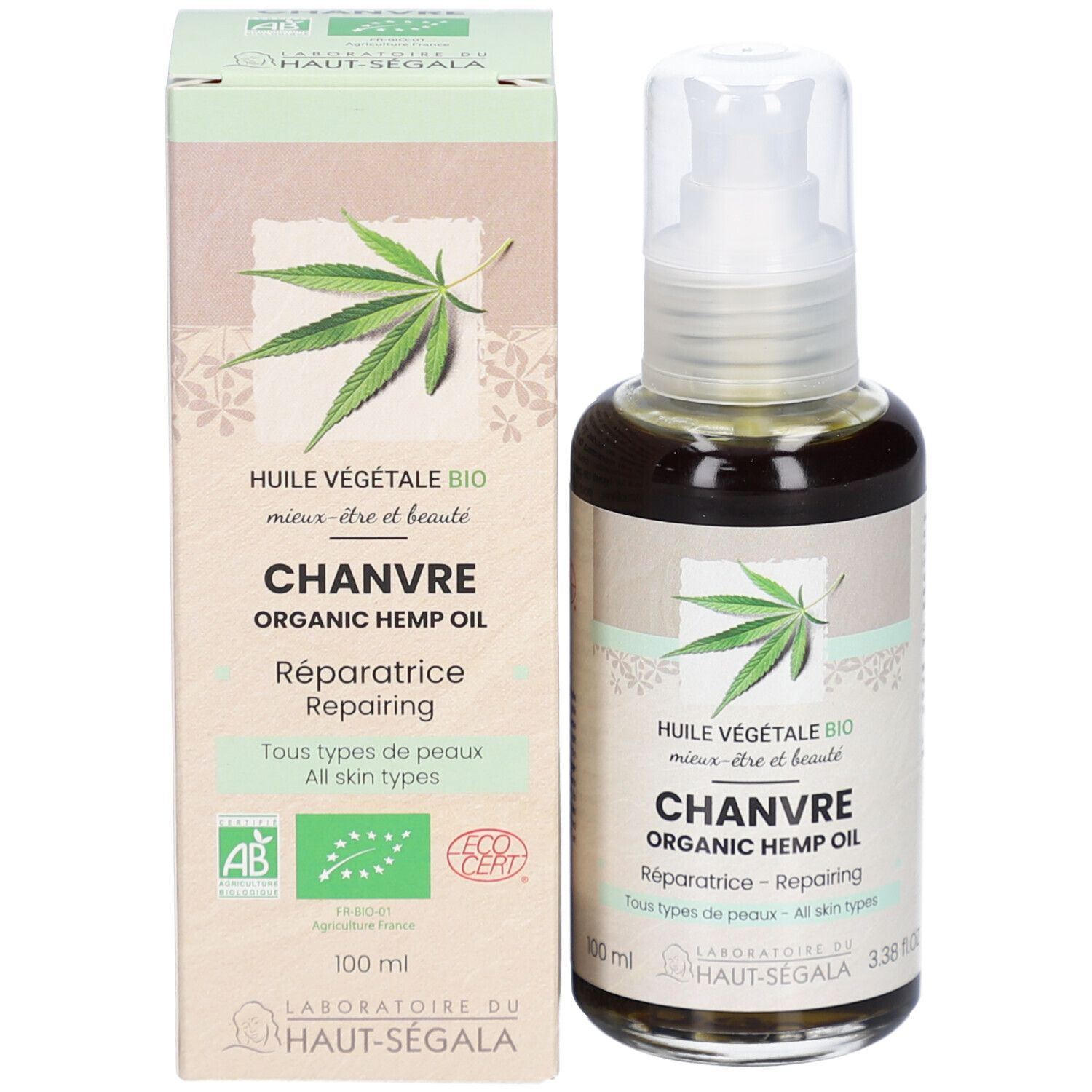 Product met verpakking. Bruine glazen fles met pomp en doos. Tekst: Huile Végétale Bio, Chanvre, Organic Hemp Oil. Merk: HAUT-SEGALA.