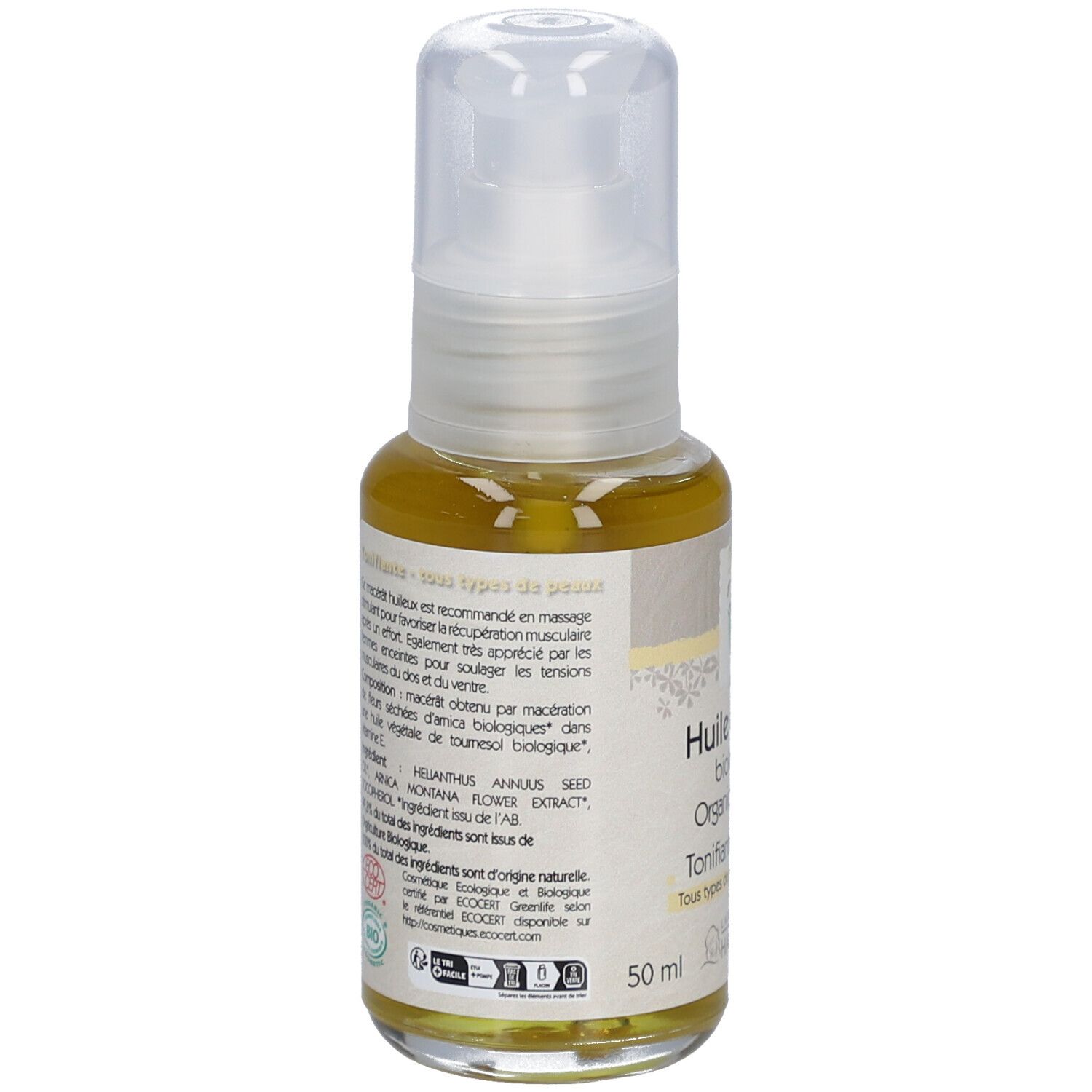 Achterkant van de arnica-oliefles. Productinformatie, ingrediënten en certificeringen op het etiket.