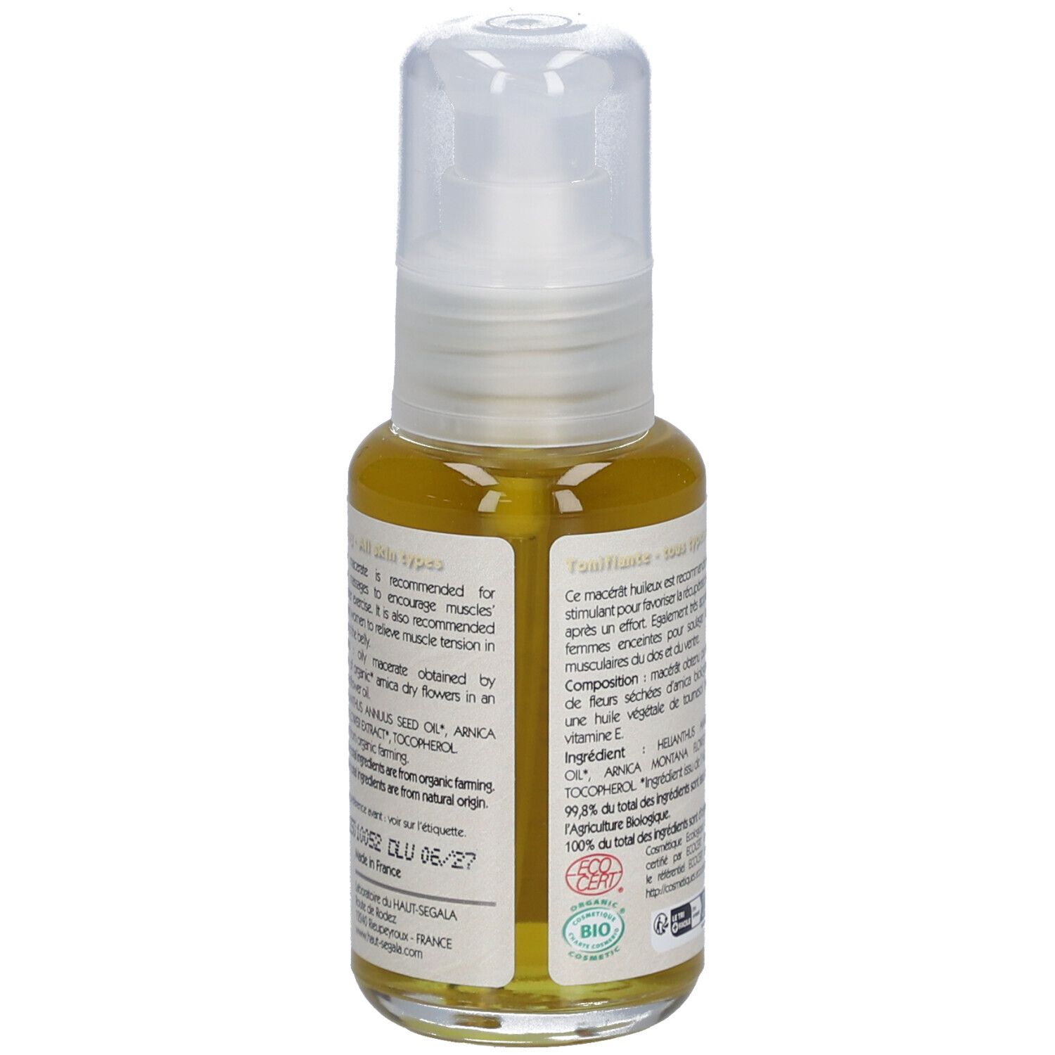 Achterkant van de arnica-oliefles. Productinformatie, ingrediënten en certificeringen op het etiket.