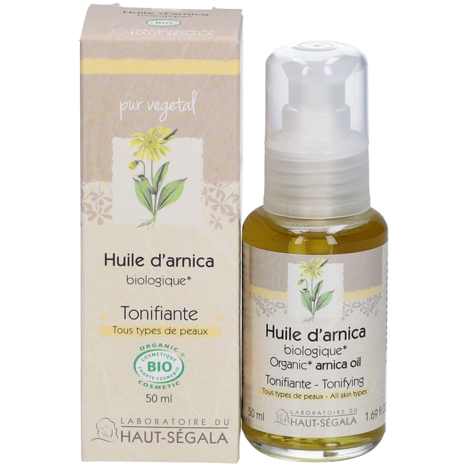 Arnica-olie fles en verpakking. Gele olie in een glazen fles met verstuiver. Verpakking met productinformatie.