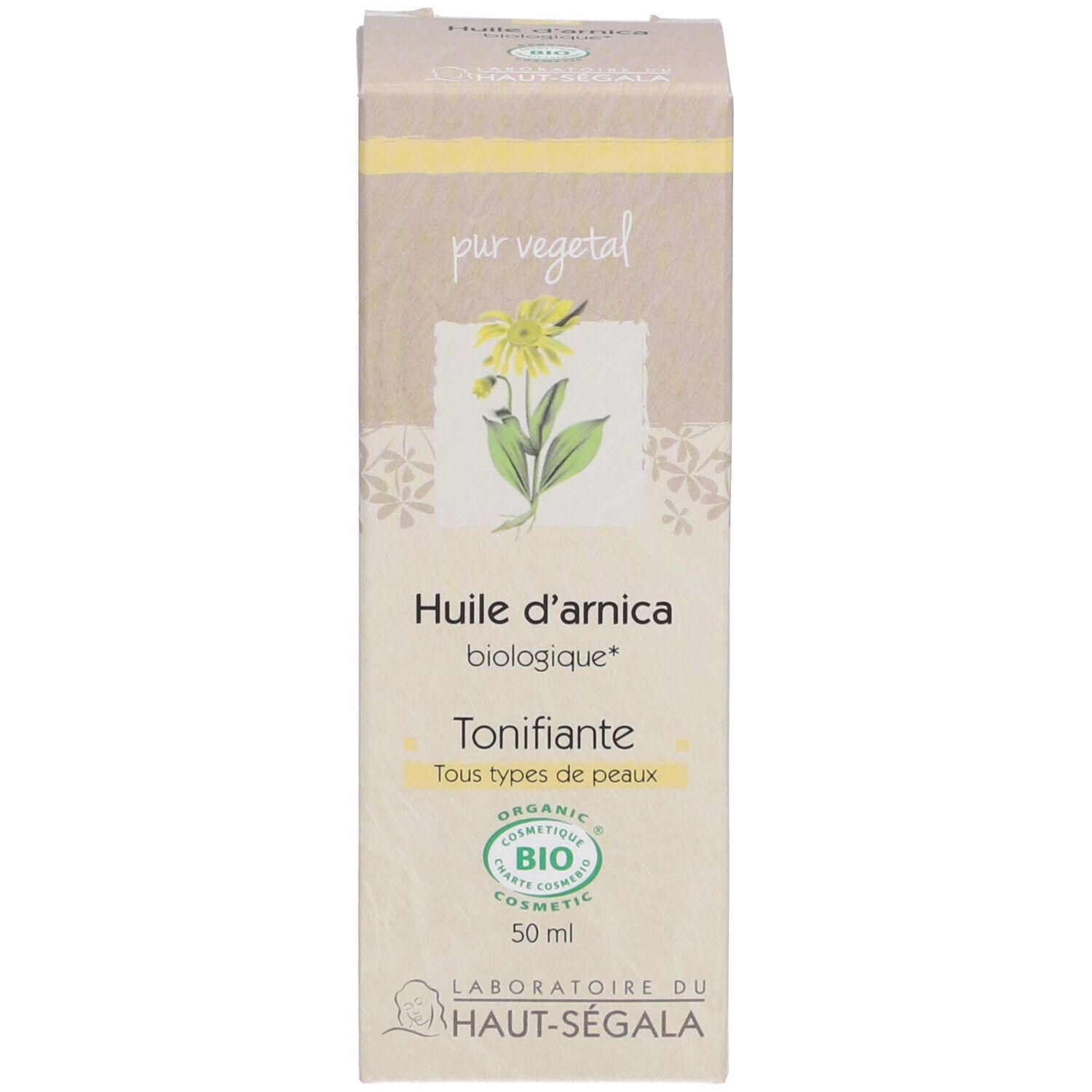 Verpakking voor arnica-olie. Doos met productinformatie, logo en certificeringen.