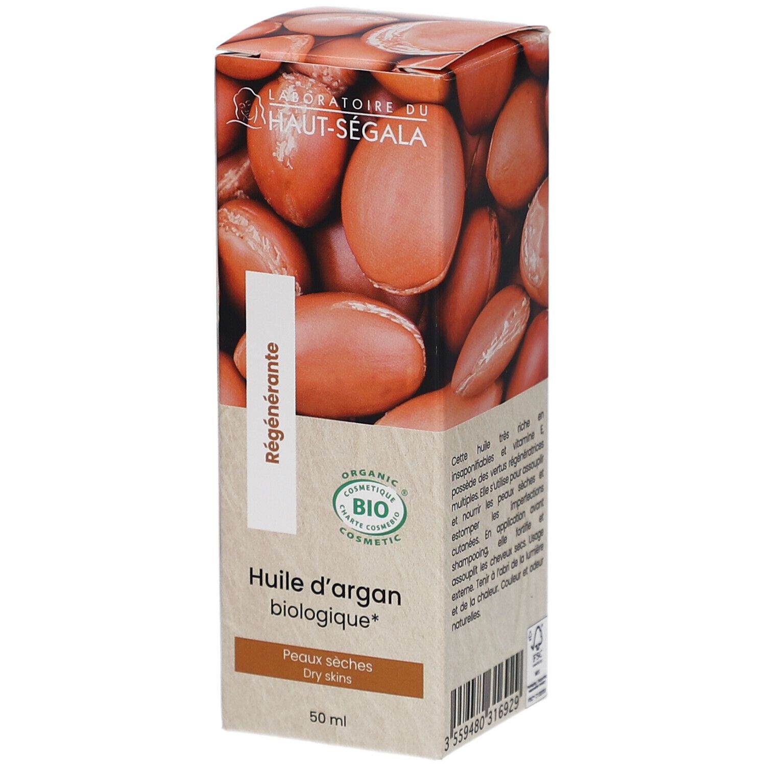 Kartonnen verpakking met afbeelding van arganolie. Tekst: Huile d'argan biologique, Peaux sèches, 50 ml. Bio-cosmetica-label.