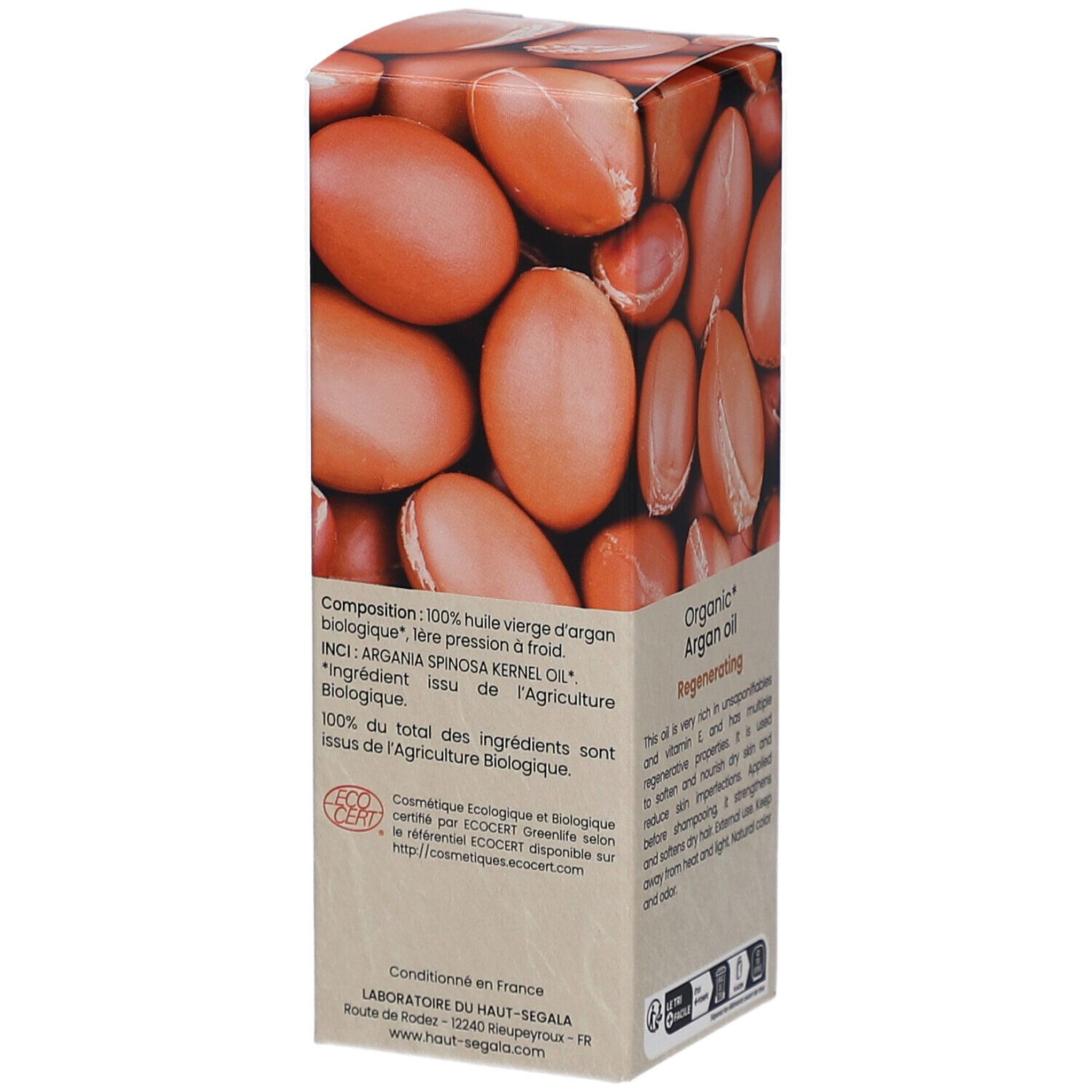 Kartonnen verpakking met afbeelding van arganolie. Tekst: Composition, 100% huile vierge d'argan biologique. ECOCERT-label.