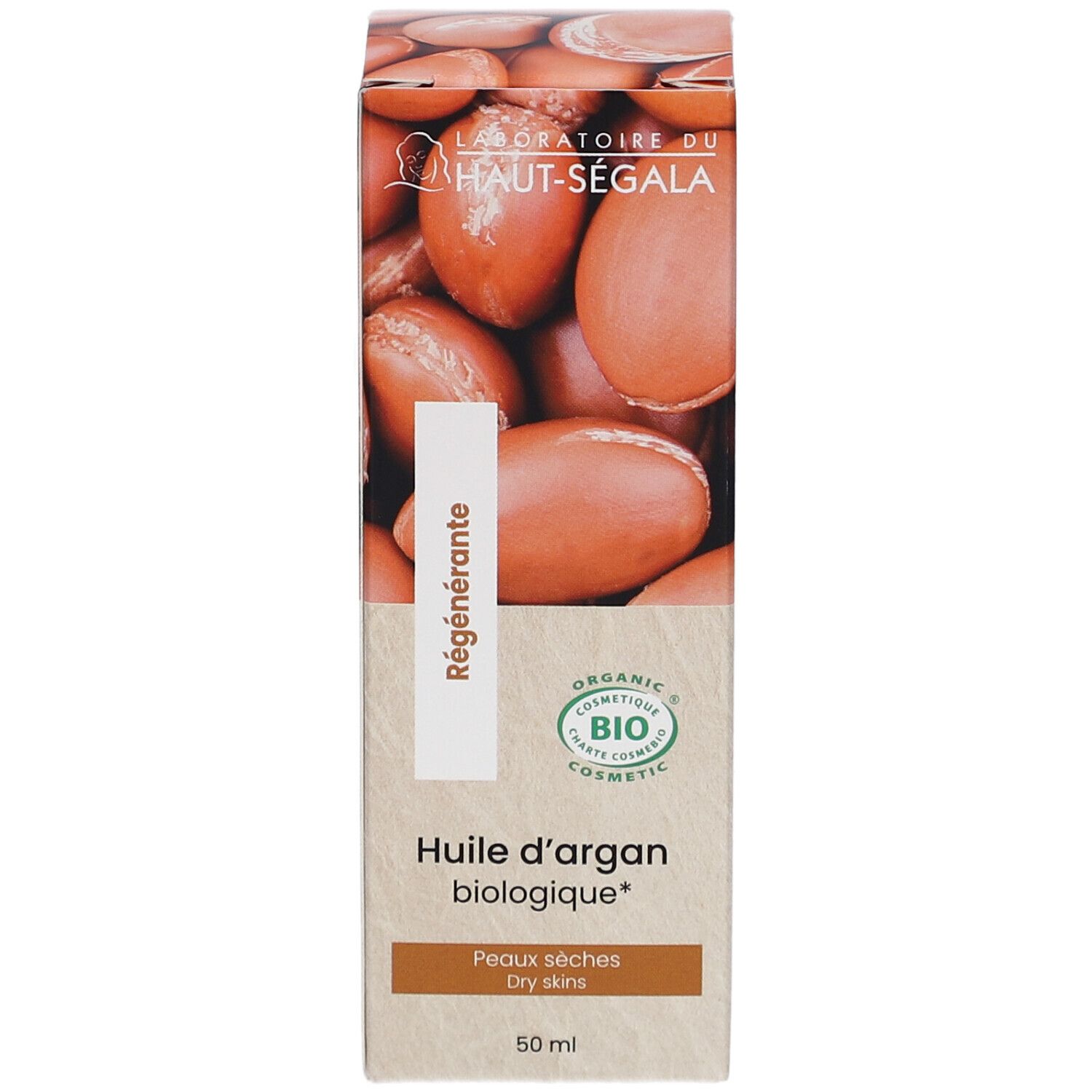 Kartonnen verpakking met afbeelding van arganolie. Tekst: Huile d'argan biologique, Peaux sèches, 50 ml. Bio-cosmetica-label.