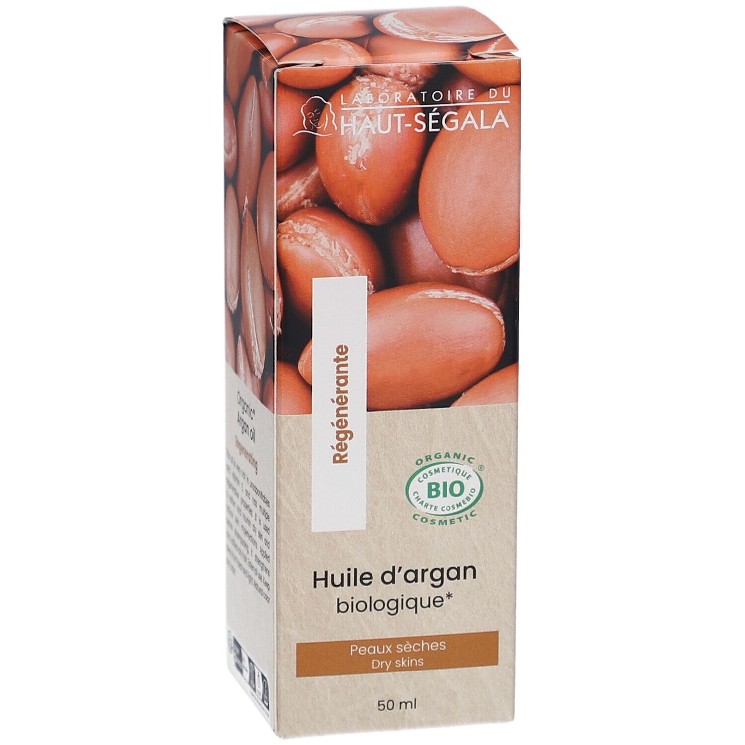 Kartonnen verpakking met afbeelding van arganolie. Tekst: Huile d'argan biologique, Peaux sèches, 50 ml. Bio-cosmetica-label.