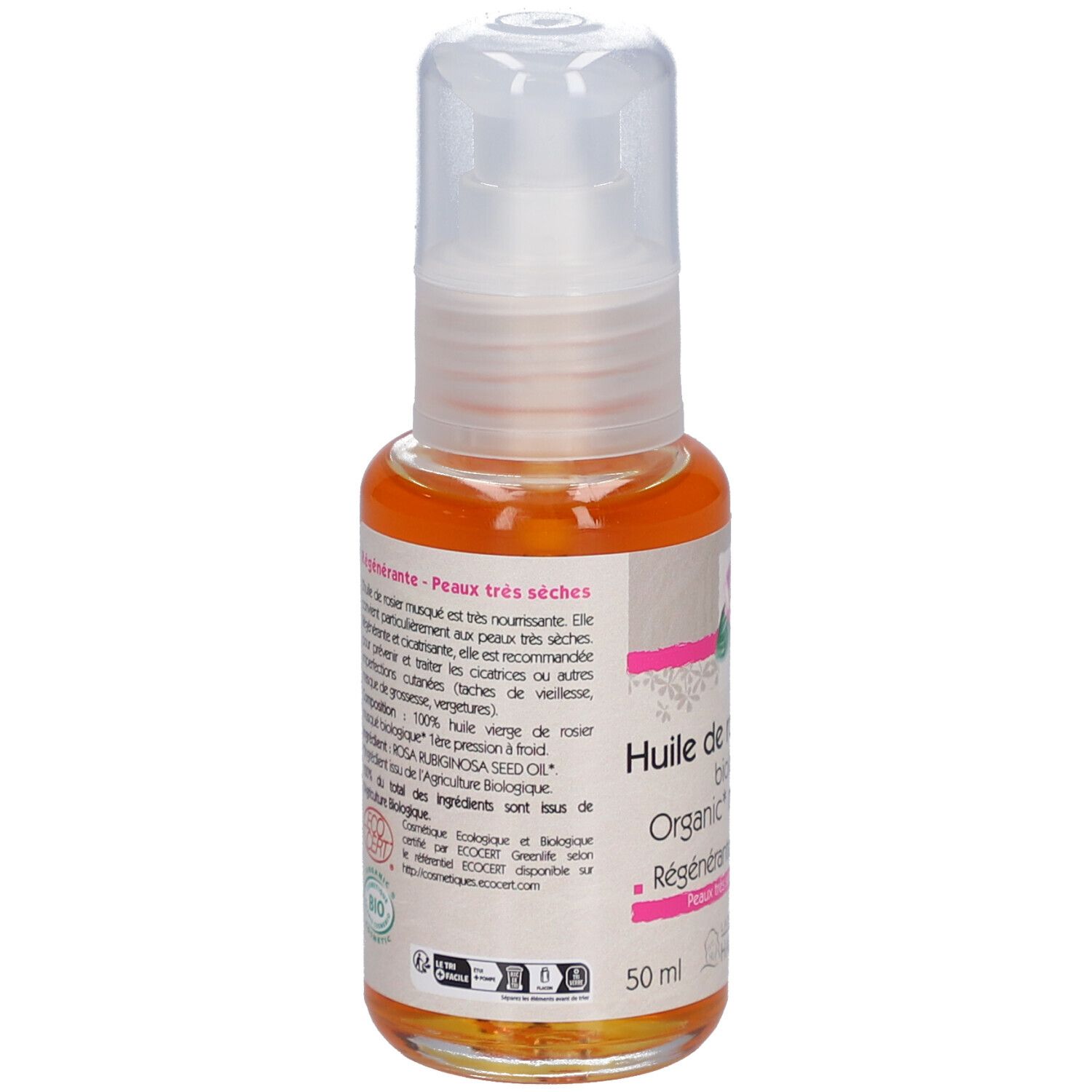 Olie fles met pomp. Opschrift: Huile de rosier musqué biologique. Certificering: BIO COSMETIC.