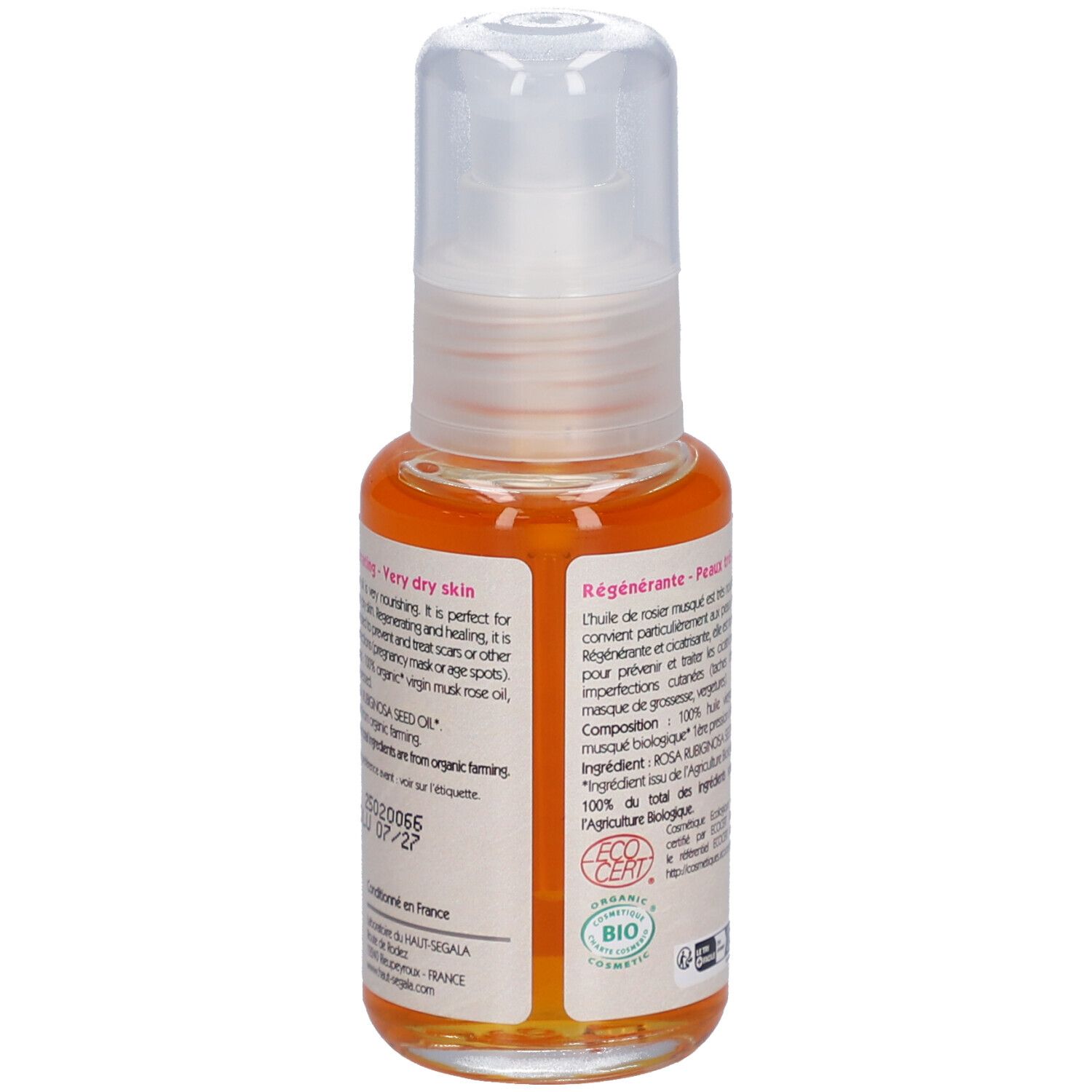 Olie fles met pomp. Opschrift: Huile de rosier musqué biologique. Certificering: BIO COSMETIC.