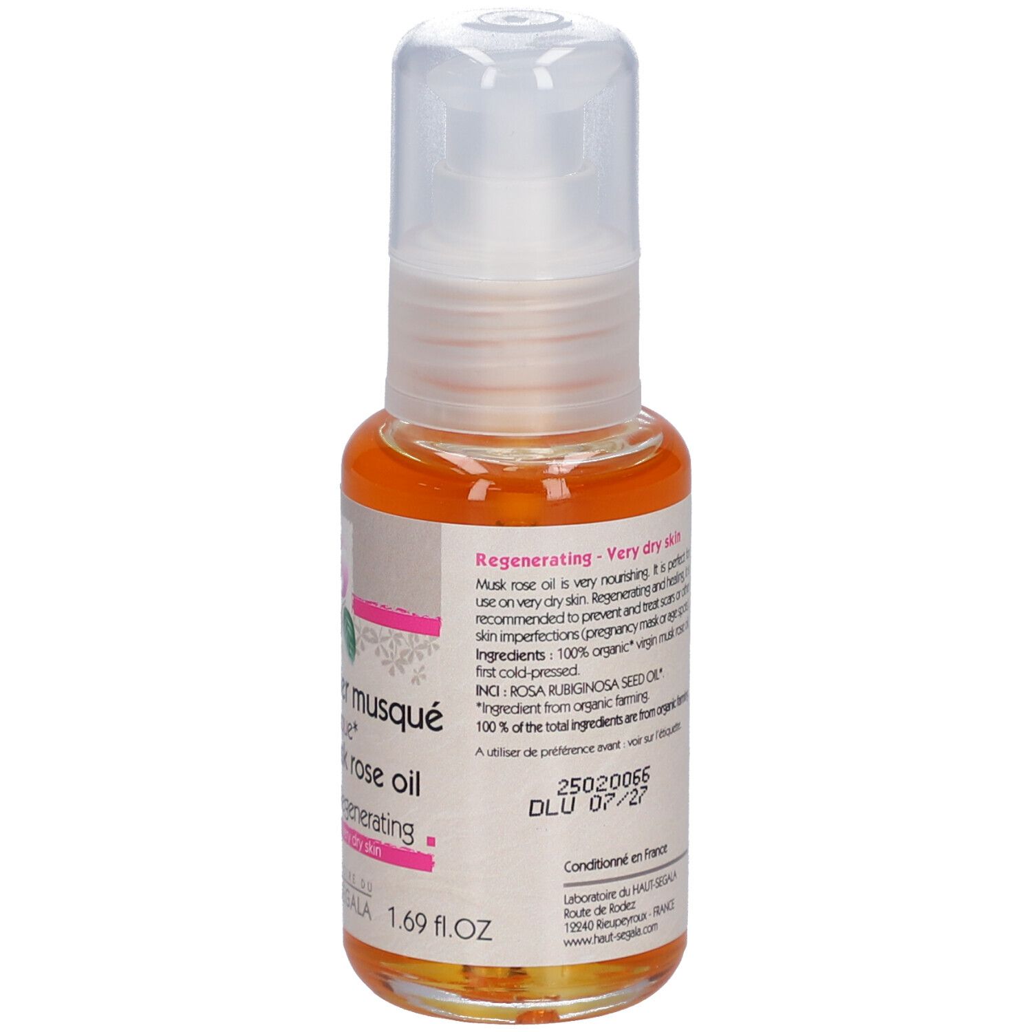 Olie fles met pomp. Opschrift: Huile de rosier musqué biologique. Certificering: BIO COSMETIC.