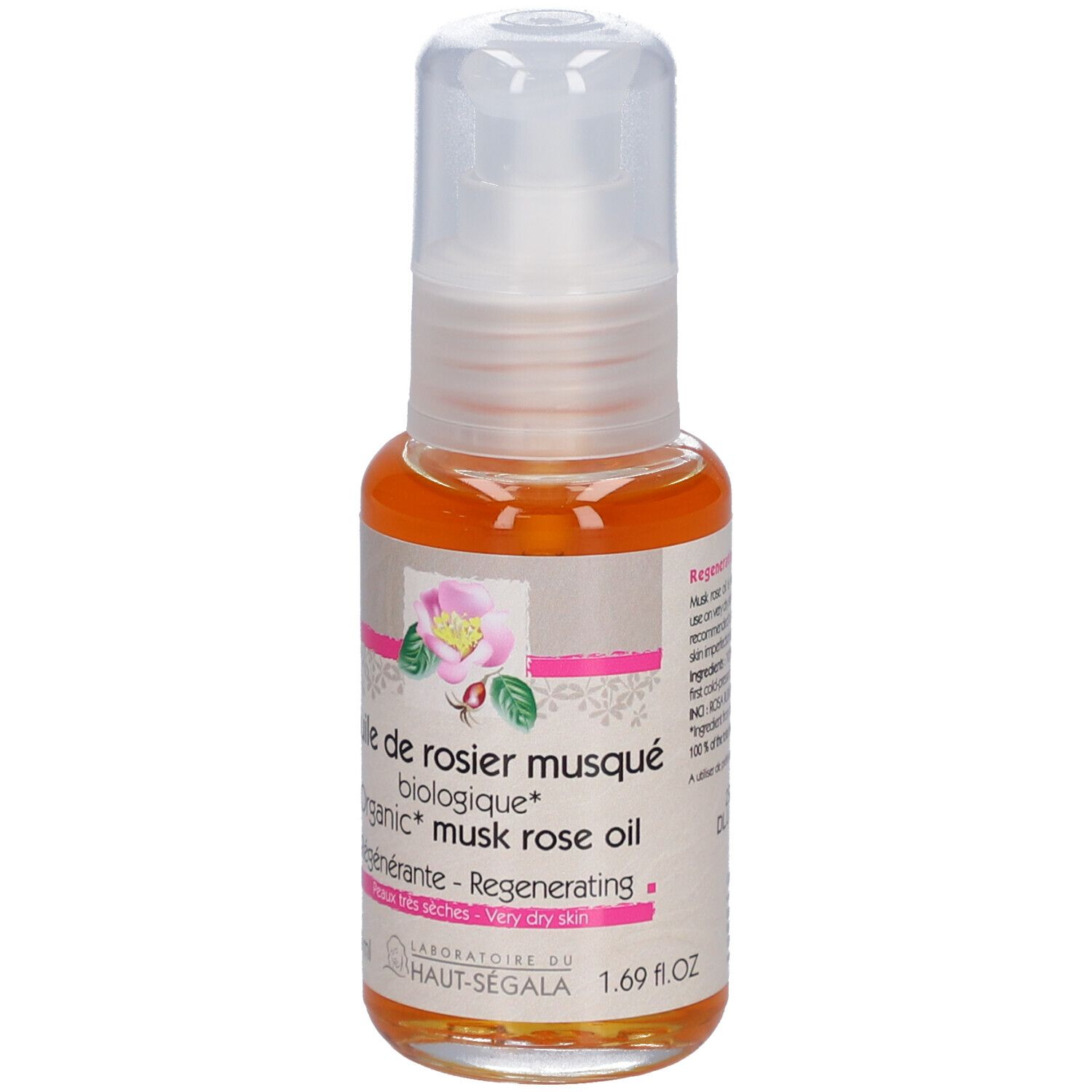 Olie fles met pomp. Opschrift: Huile de rosier musqué biologique. Certificering: BIO COSMETIC.