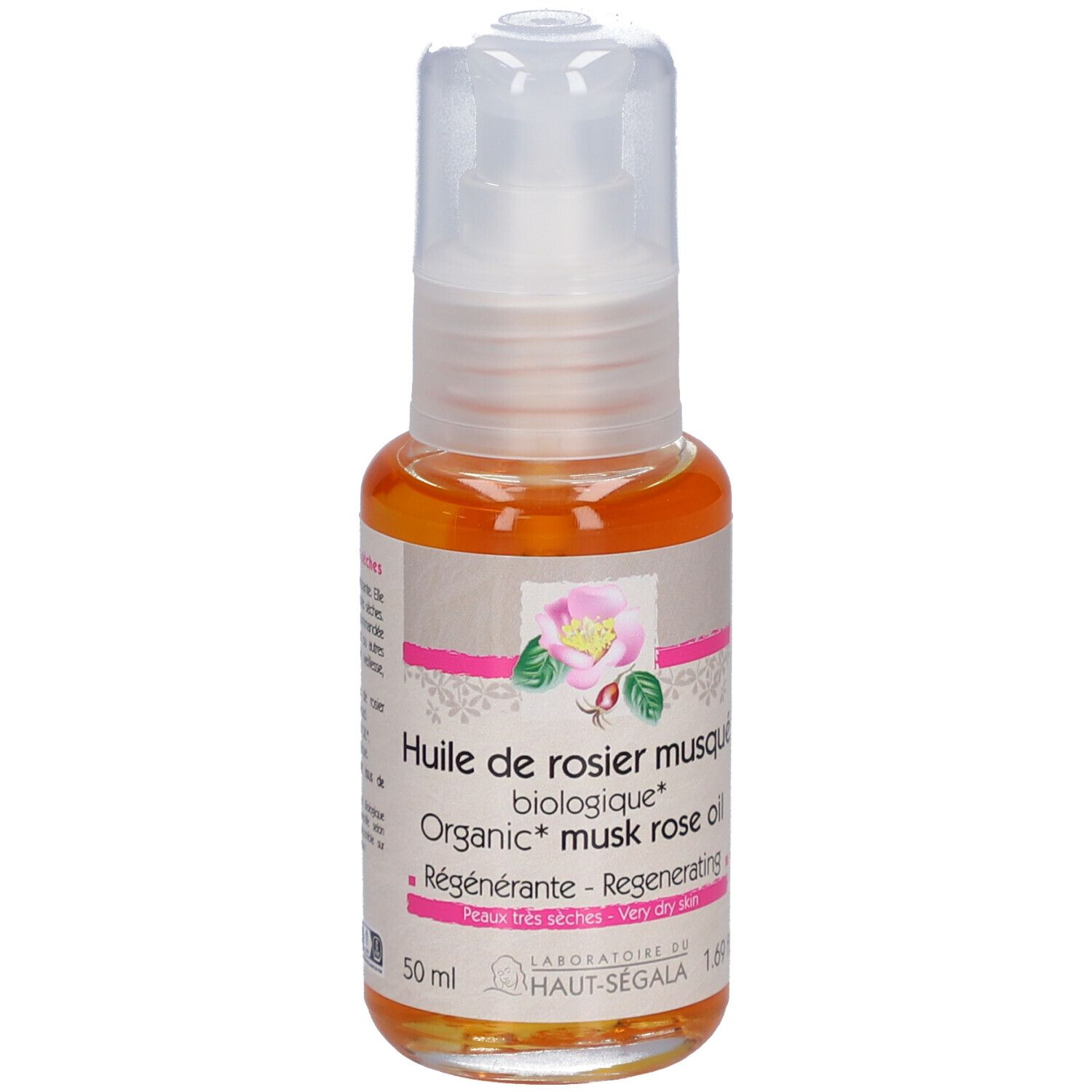 Olie fles met pomp. Opschrift: Huile de rosier musqué biologique. Certificering: BIO COSMETIC.