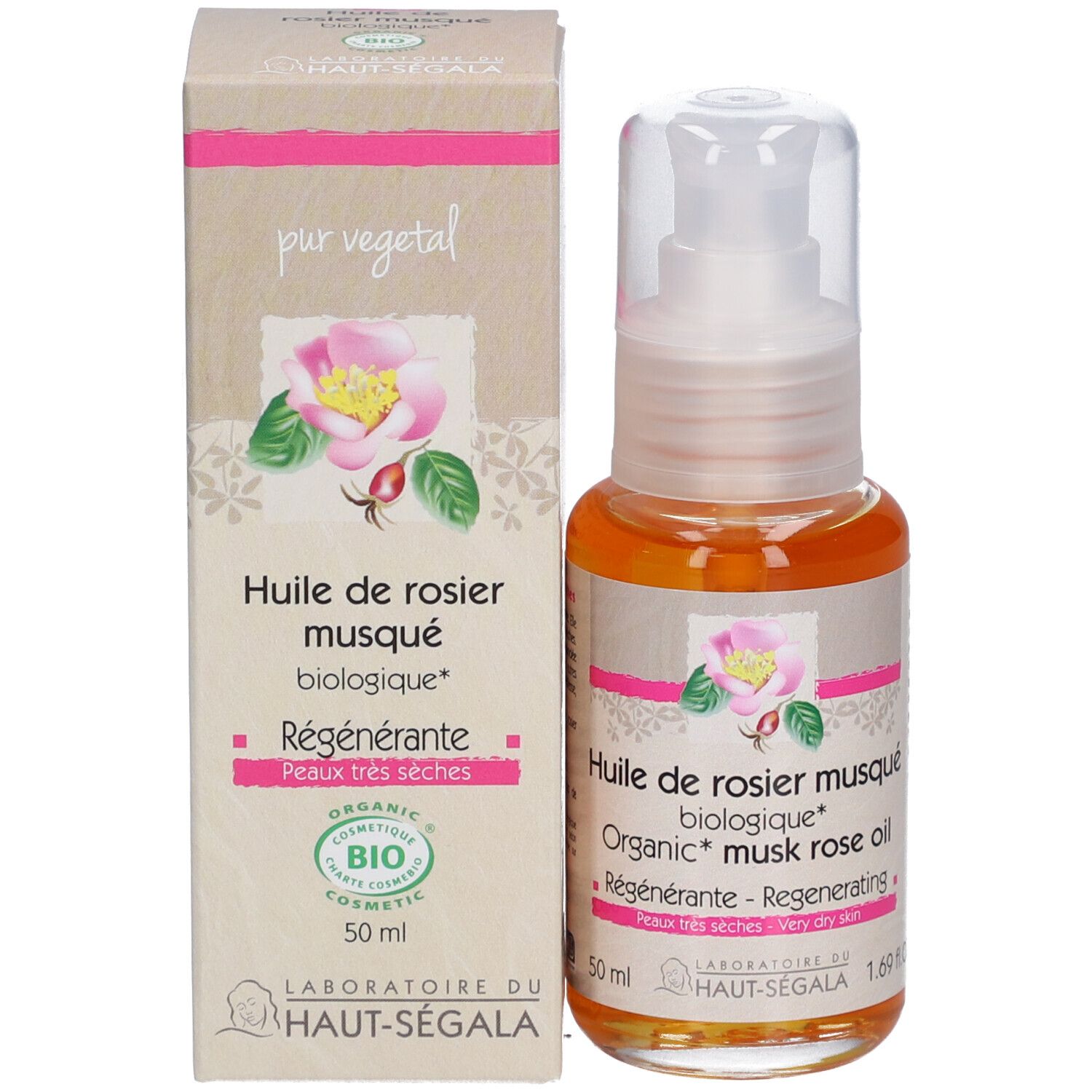 Olie fles en doos. Opschrift: Huile de rosier musqué biologique. Certificering: BIO COSMETIC.