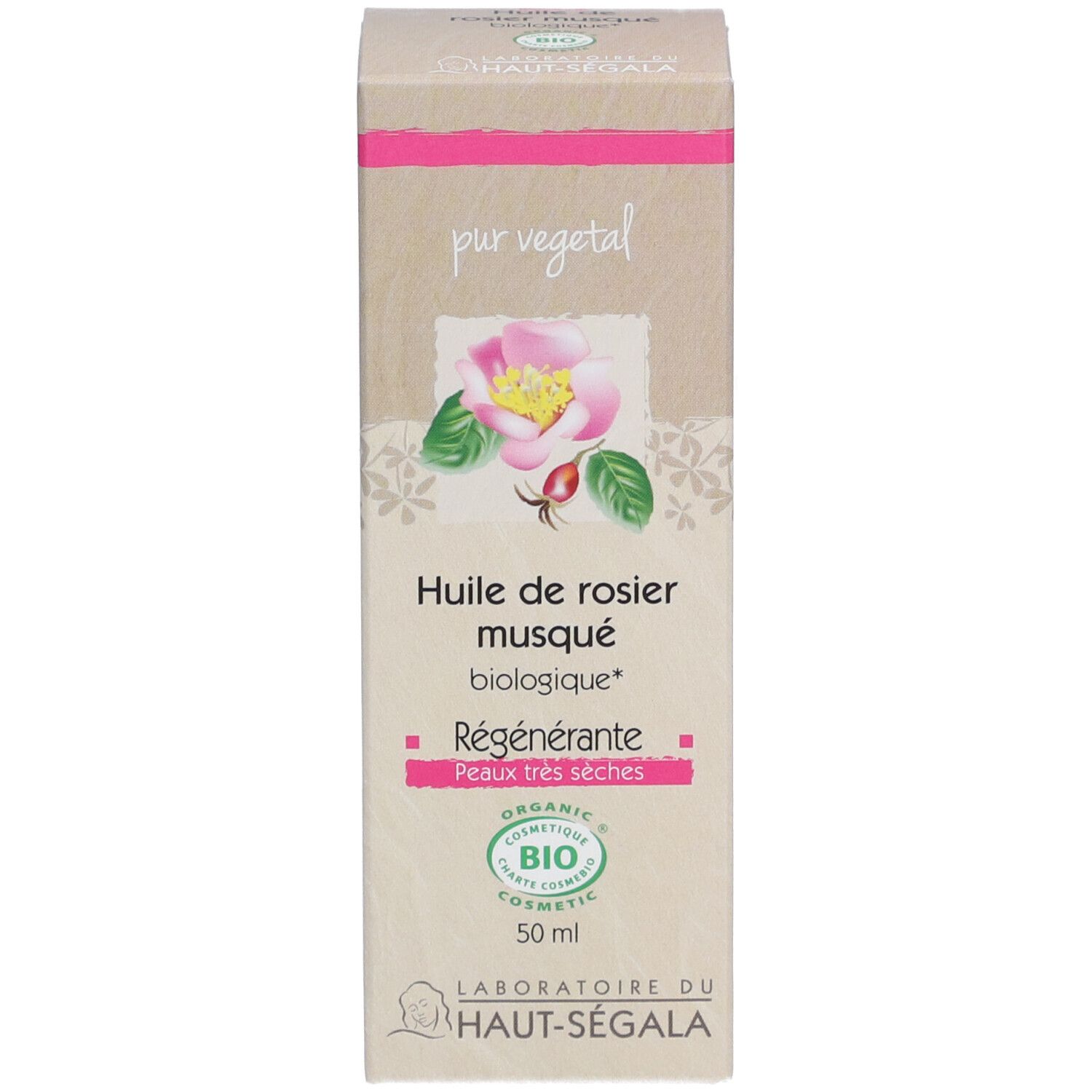 Doos met opschrift: Huile de rosier musqué biologique. Certificering: BIO COSMETIC.