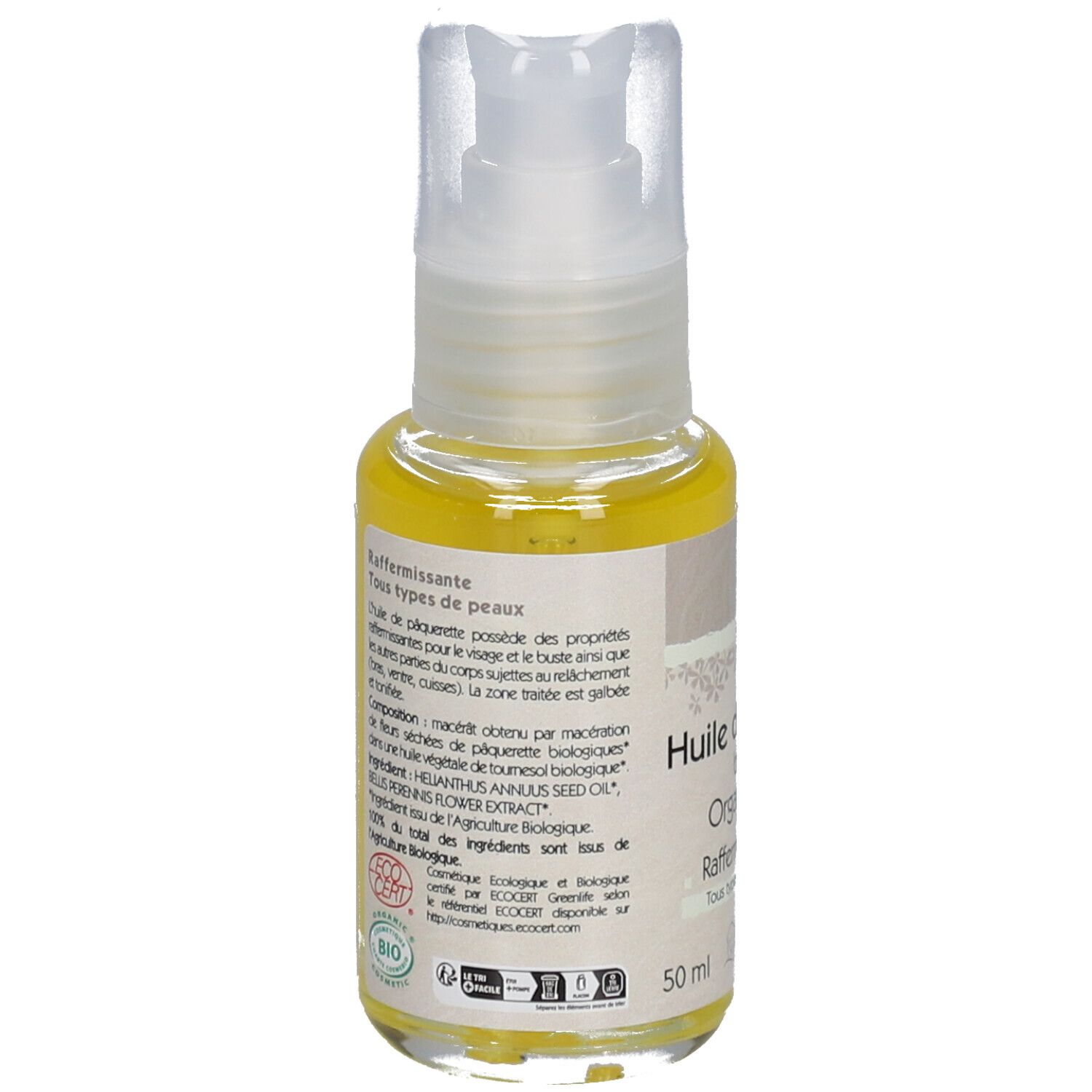 Vue arrière du flacon. Inscription: Huile de pâquerette biologique. Pour tous types de peau. Avec ingrédients.