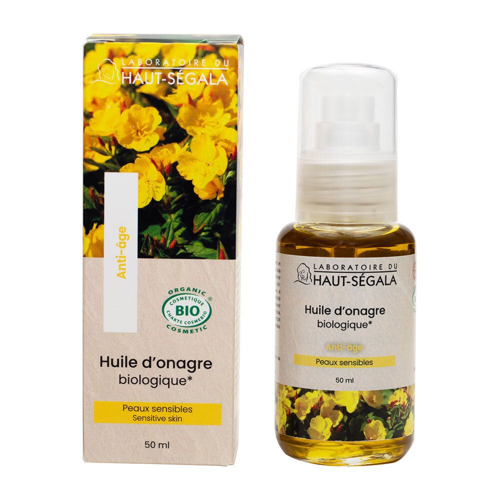 Laboratoire du Haut-Ségala Bio-Nachtkerzenöl. Fles en doos. Gele olie, witte dispenser. Opschrift: Anti-âge, Peaux sensibles.