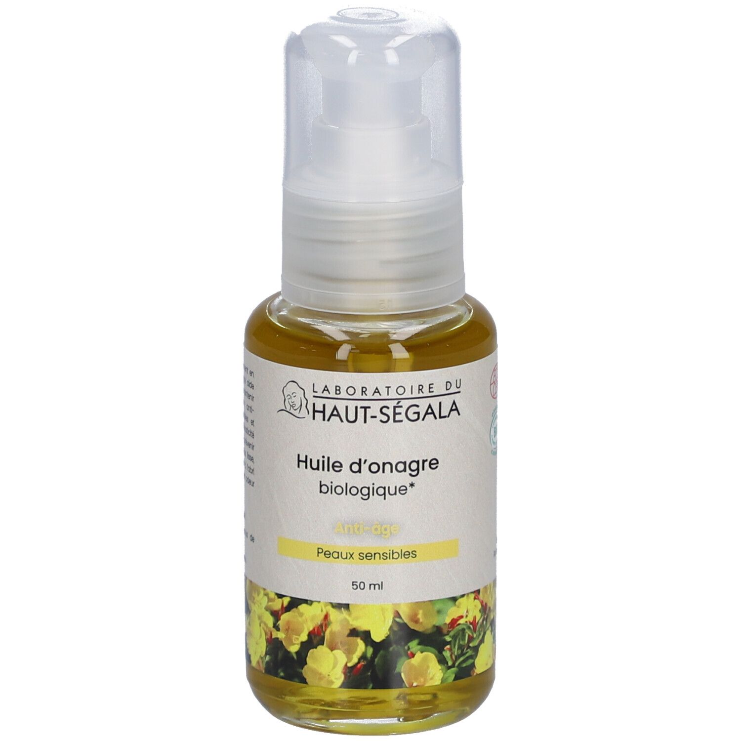 Laboratoire du Haut-Ségala Bio-Nachtkerzenöl. Fles met witte dispenser. Gele olie. Opschrift: Peaux sensibles. 50 ml.