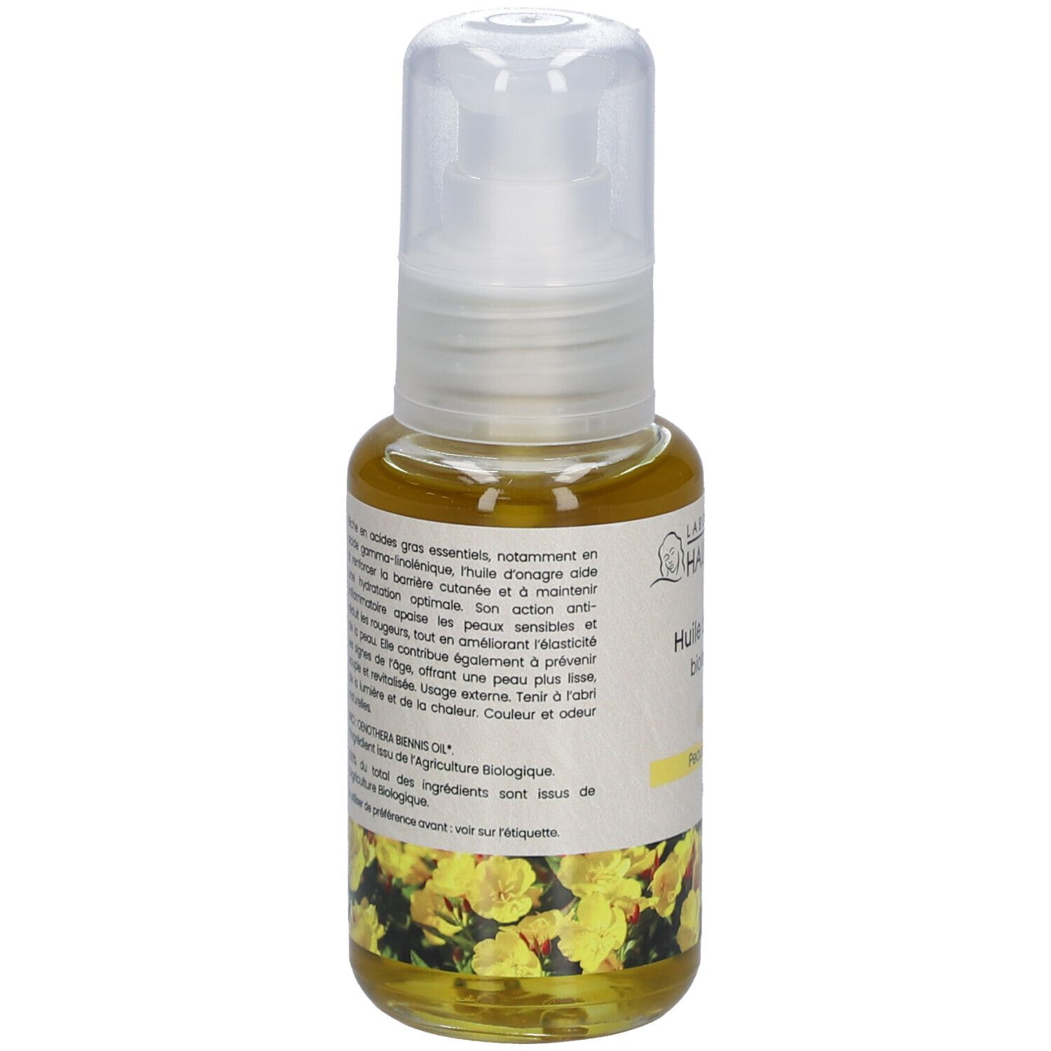 Laboratoire du Haut-Ségala Bio-Nachtkerzenöl. Fles met witte dispenser. Gele olie. Opschrift: Peaux sensibles. 50 ml.