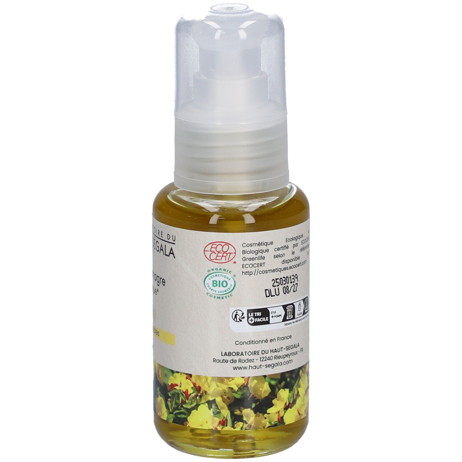 Laboratoire du Haut-Ségala Bio-Nachtkerzenöl. Fles met witte dispenser. Gele olie. Achterkant met tekst en certificeringen.