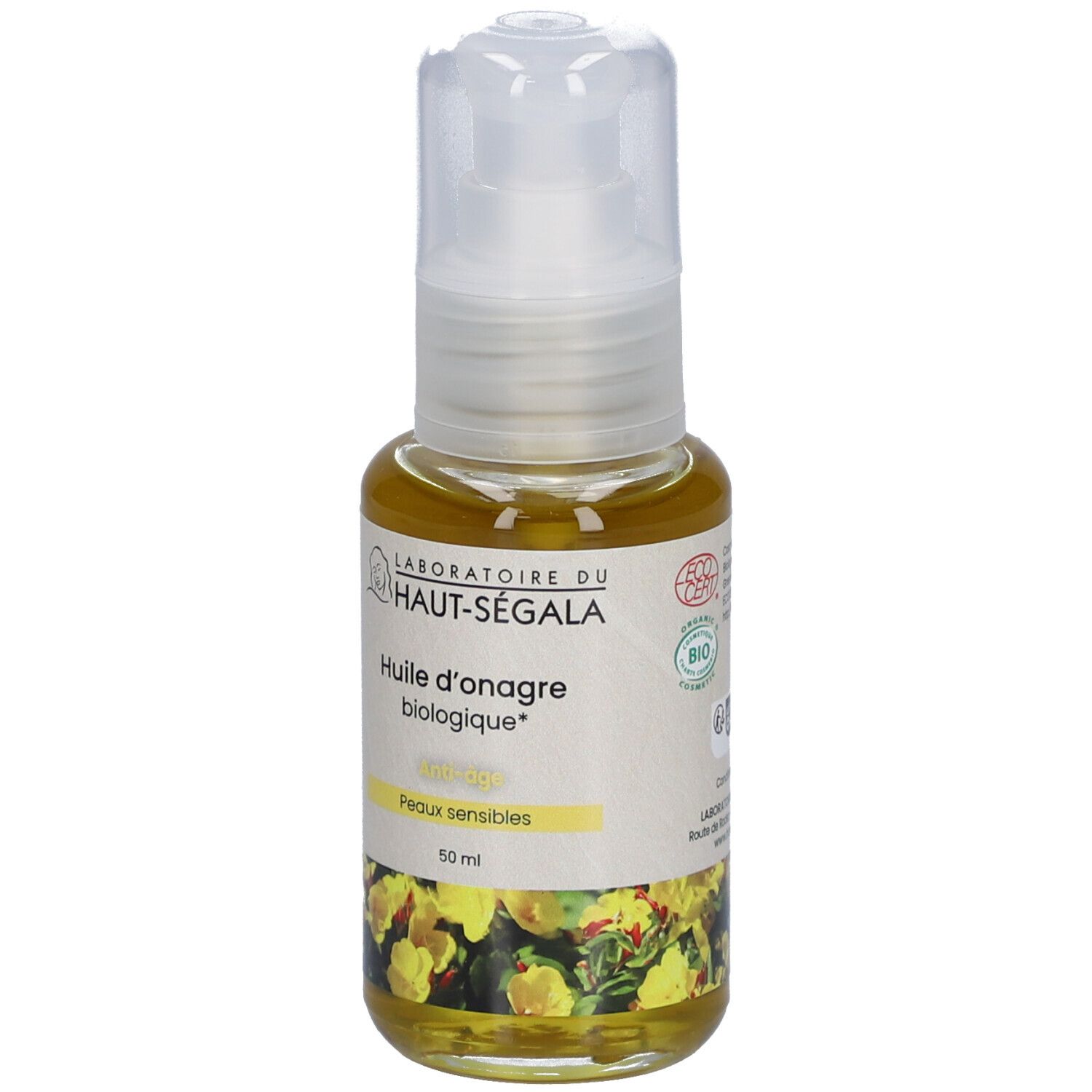 Laboratoire du Haut-Ségala Bio-Nachtkerzenöl. Fles met witte dispenser. Gele olie. Opschrift: Peaux sensibles. 50 ml.
