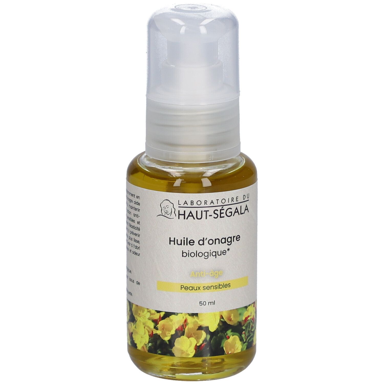 Laboratoire du Haut-Ségala Bio-Nachtkerzenöl. Fles met witte dispenser. Gele olie. Opschrift: Peaux sensibles. 50 ml.