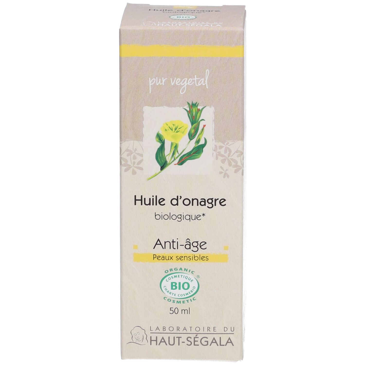 Laboratoire du Haut-Ségala Bio-Nachtkerzenöl. Doos. Opschrift: Anti-âge, Peaux sensibles. Certificering.