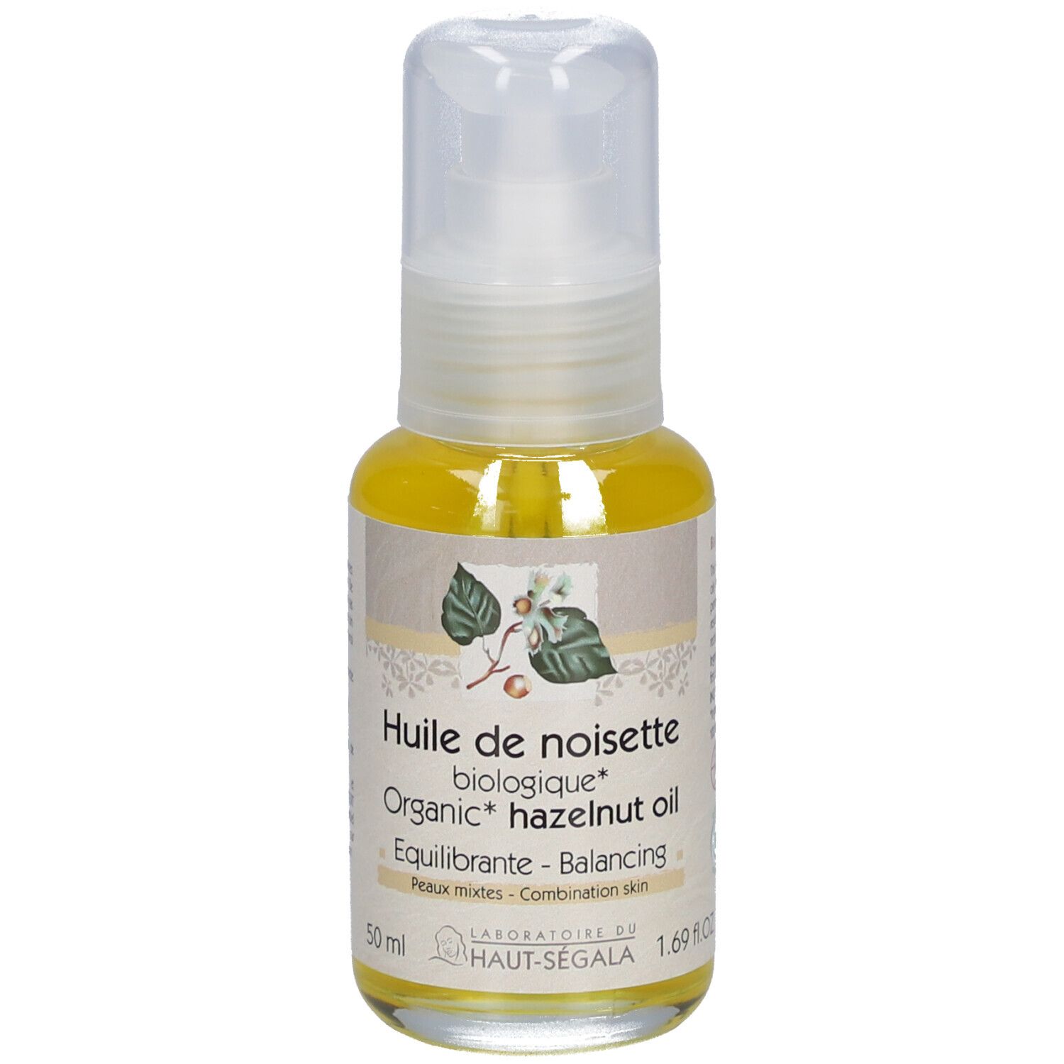 Transparante olie in fles met pomp. Opschrift: Huile de noisette biologique, 50 ml.