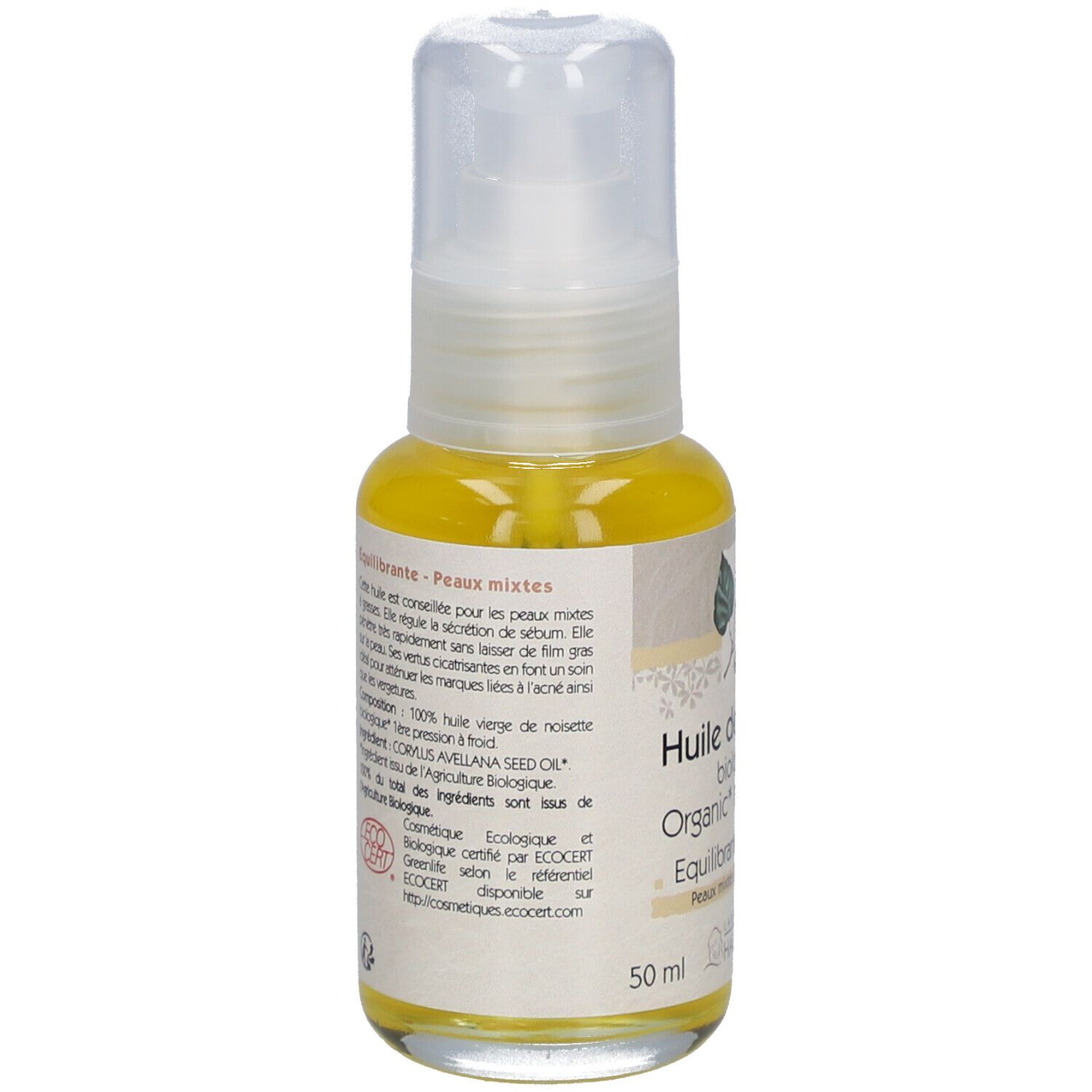 Achterkant van de oliefles. Tekst: Huile de noisette biologique, 50 ml. Met ECO CERT-logo.