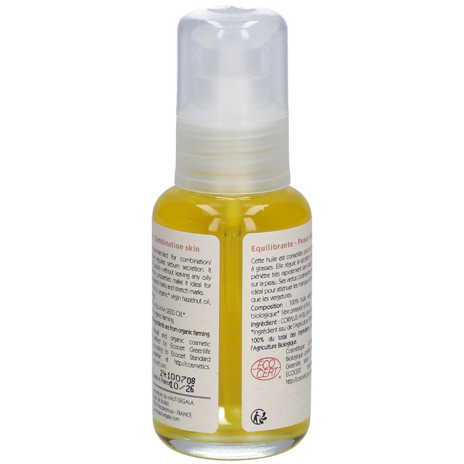 Achterkant van de oliefles. Tekst: Huile de noisette biologique, 50 ml. Met ECO CERT-logo.