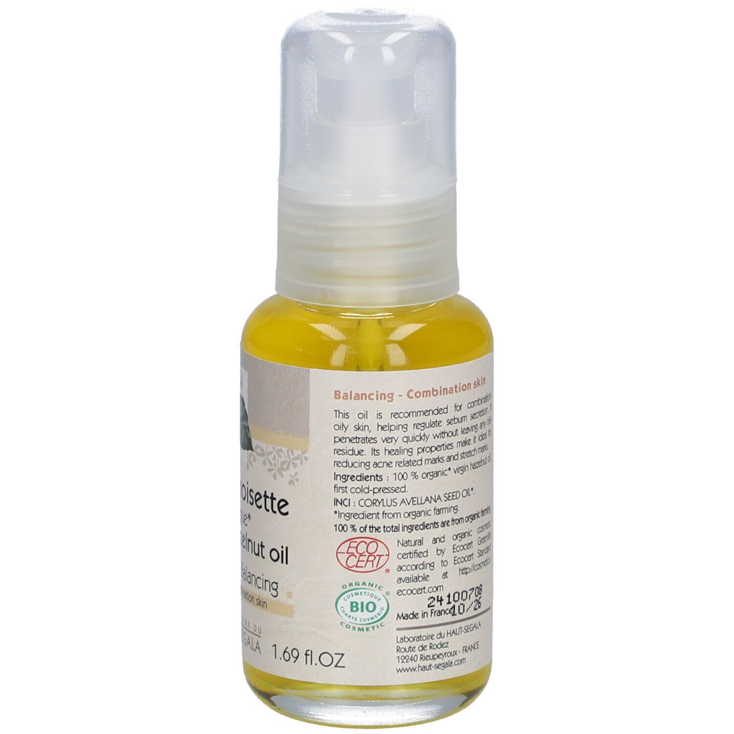 Achterkant van de oliefles. Tekst: Huile de noisette biologique, 50 ml. Met ECO CERT-logo.