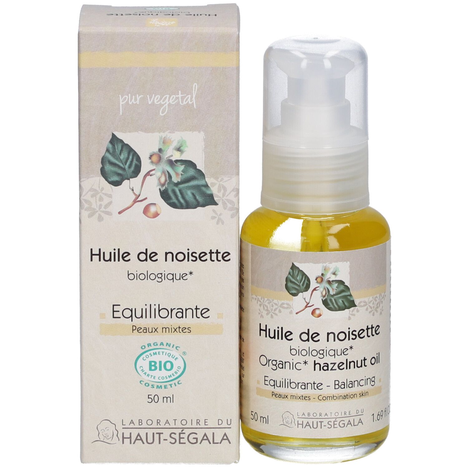 Olie fles en verpakking. Opschrift: Huile de noisette biologique, 50 ml. Met ECO CERT-logo.