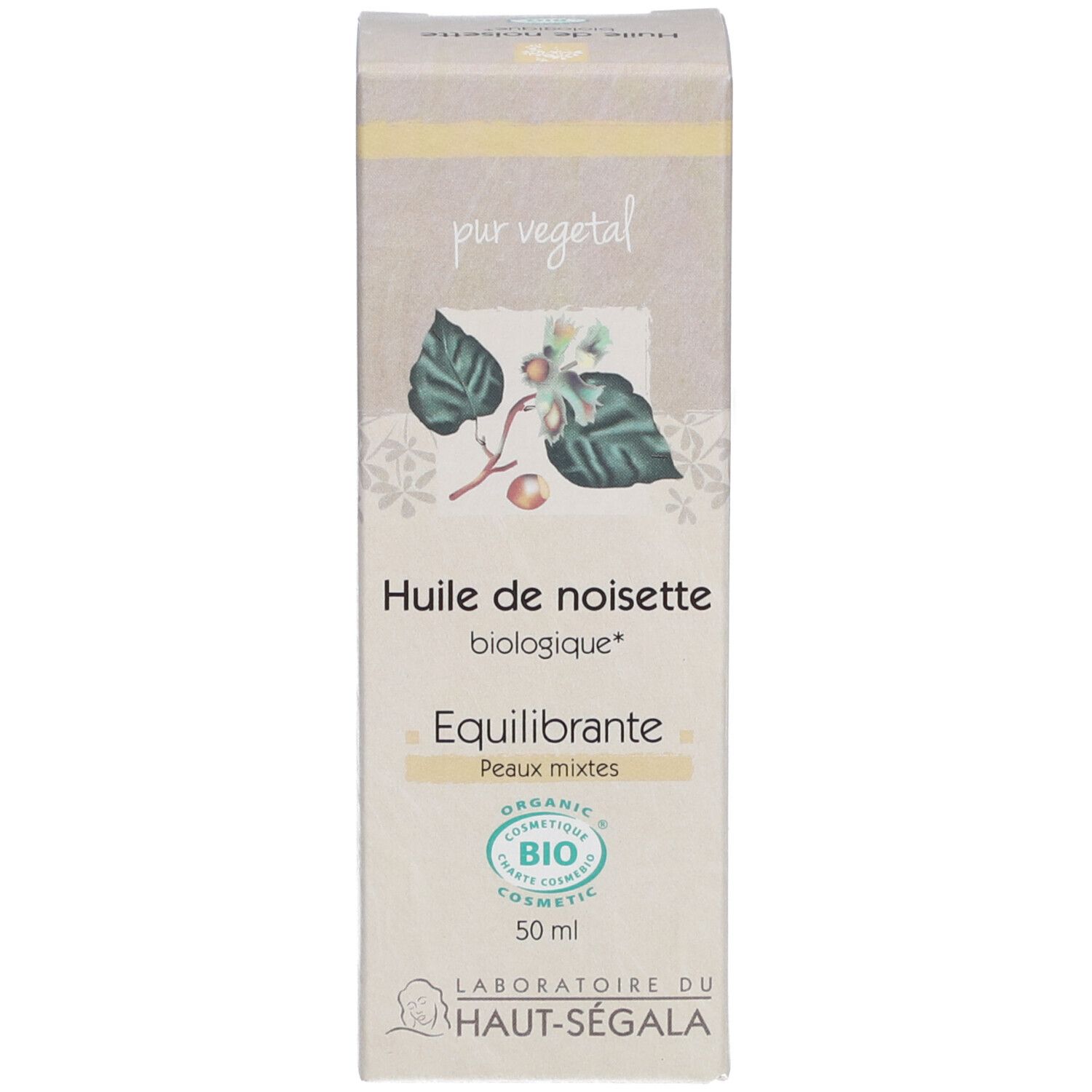 Verpakking met opschrift: Huile de noisette biologique, 50 ml. Met ECO CERT-logo.