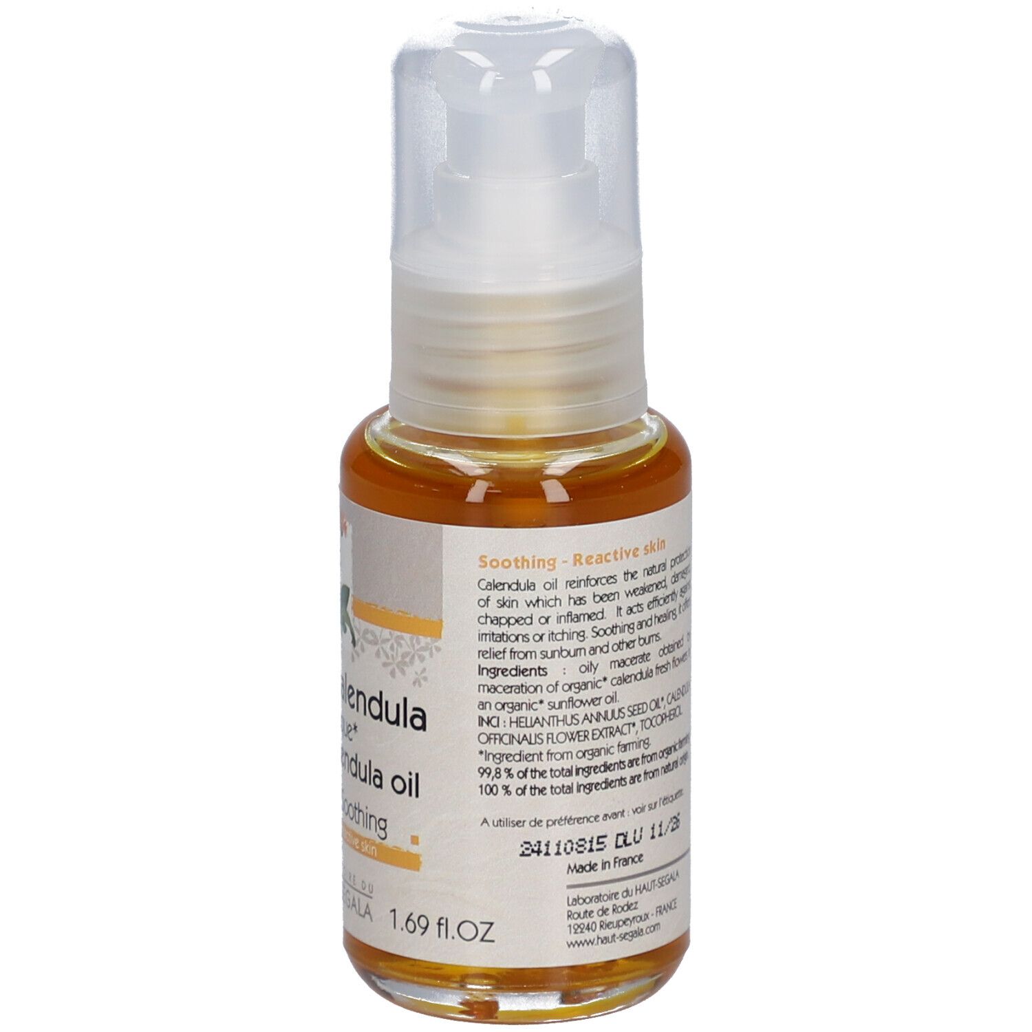 Dos du flacon. Inscription: Huile de calendula biologique, Organic calendula oil. Certification Bio.