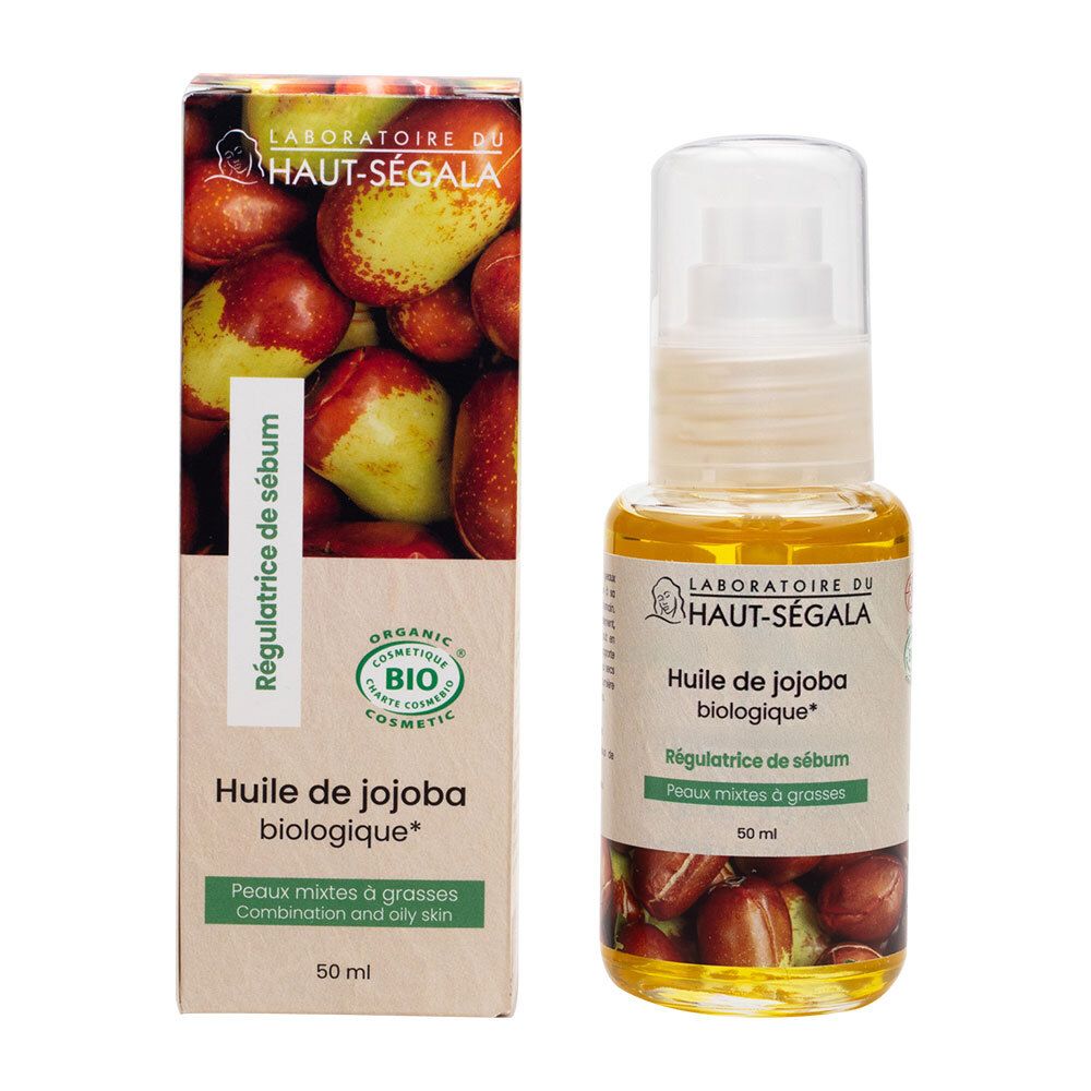 Flesje jojoba-olie en doos. Opschrift: Laboratoire du Haut-Ségala, Bio-Jojobaöl. Certificering: Organic Cosmetic.