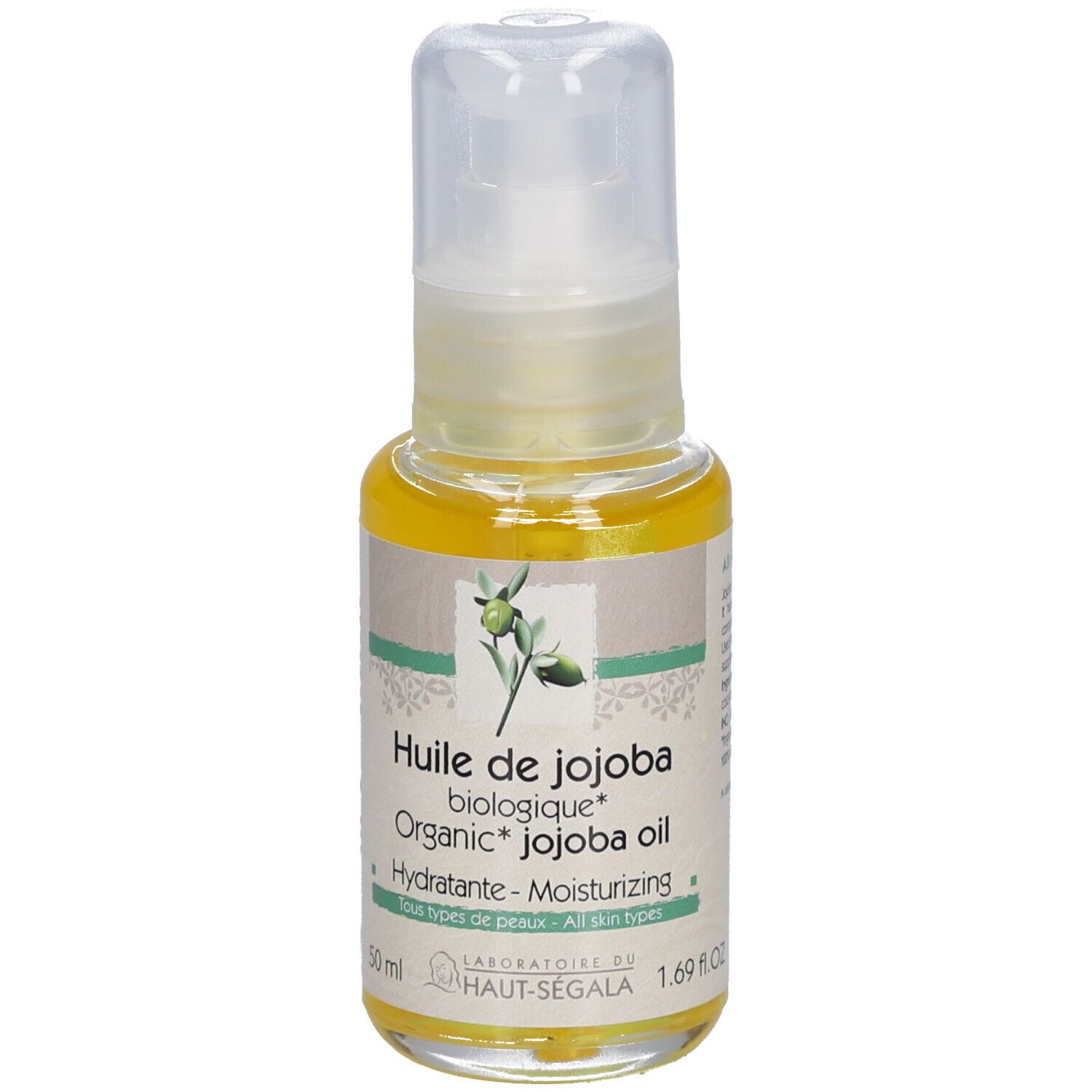 Jojoba-olieflesje met verstuiver. Opschrift: Huile de jojoba biologique, Organic Jojoba oil. Hydratante-Moisturizing.
