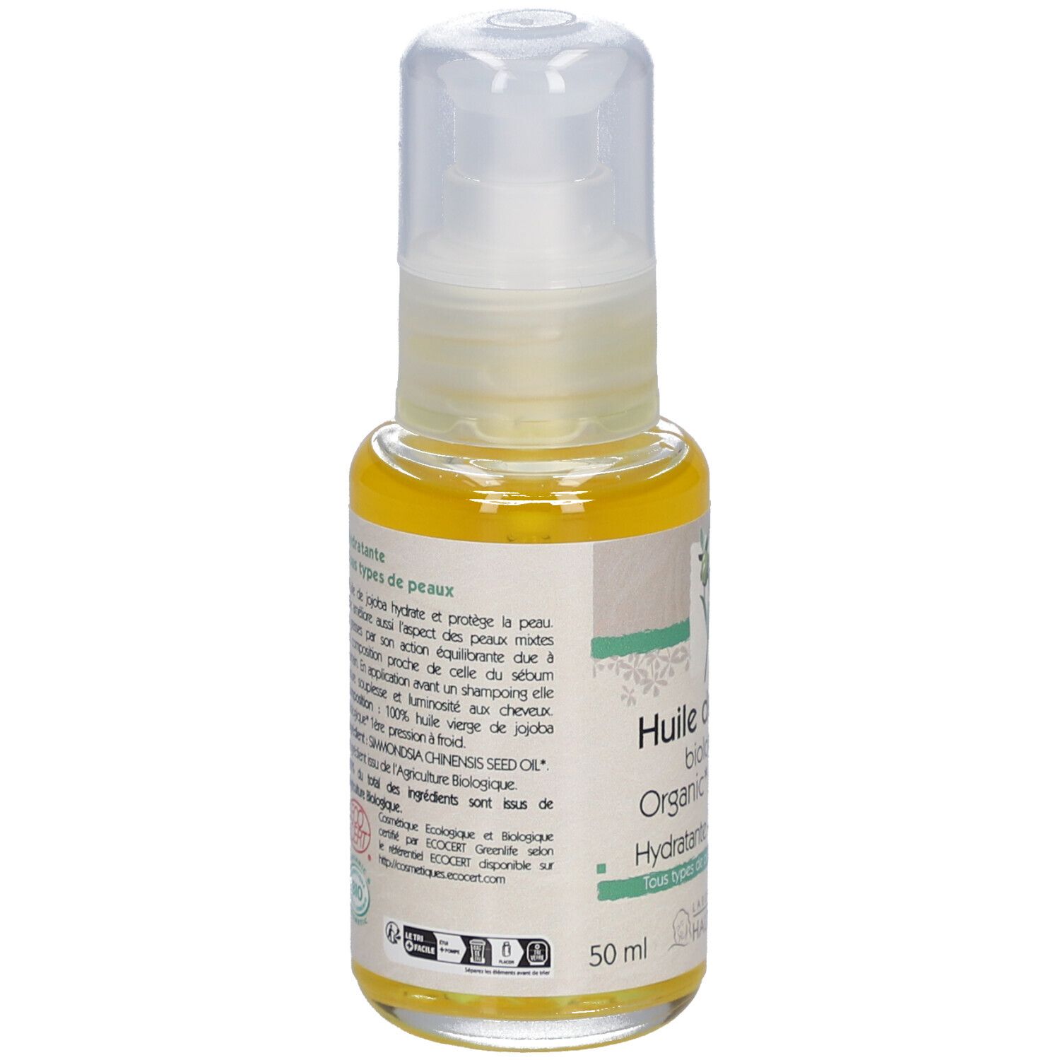 Jojoba-olieflesje met verstuiver. Opschrift: Huile de jojoba biologique, Organic Jojoba oil. Hydratante-Moisturizing. 50 ml.