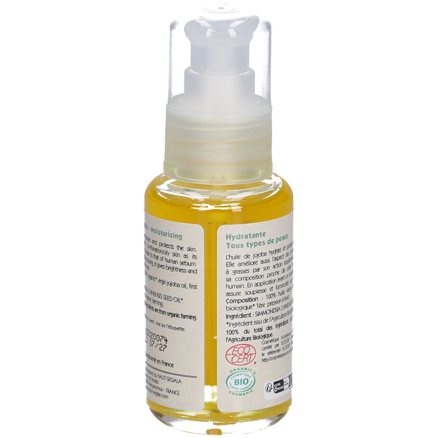 Jojoba-olieflesje met verstuiver. Opschrift: Huile de jojoba biologique, Organic Jojoba oil. Hydratante-Moisturizing. 50 ml.