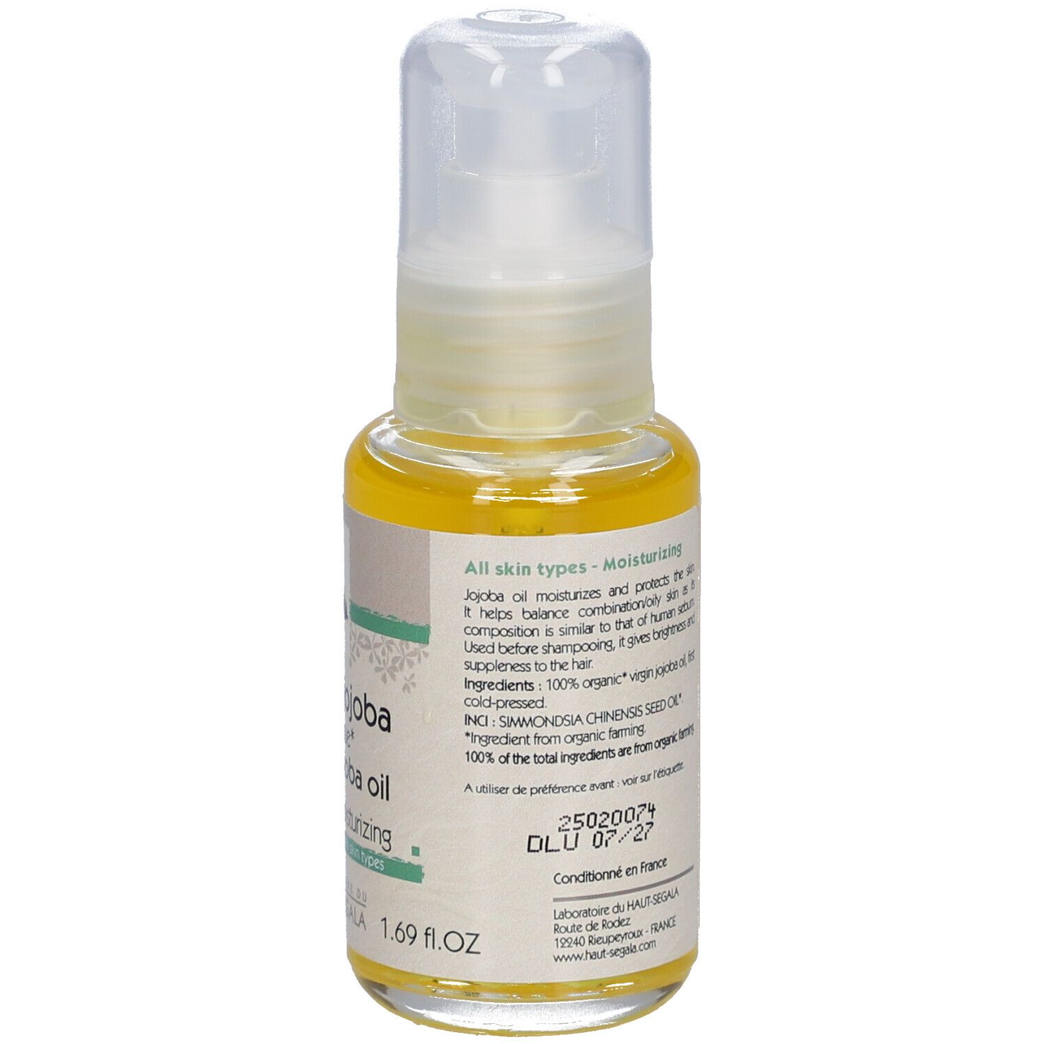 Jojoba-olieflesje met verstuiver. Opschrift: Huile de jojoba biologique, Organic Jojoba oil. Hydratante-Moisturizing. 1.69 fl.oz.