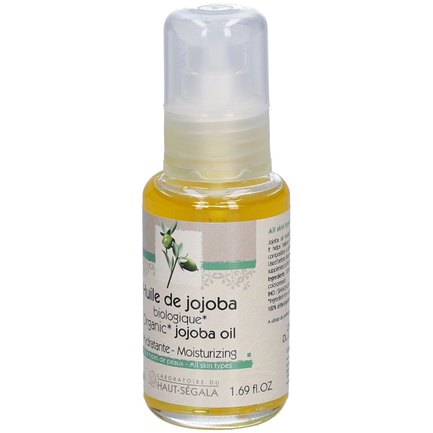 Jojoba-olieflesje met verstuiver. Opschrift: Huile de jojoba biologique, Organic Jojoba oil. Hydratante-Moisturizing. 1.69 fl.oz.