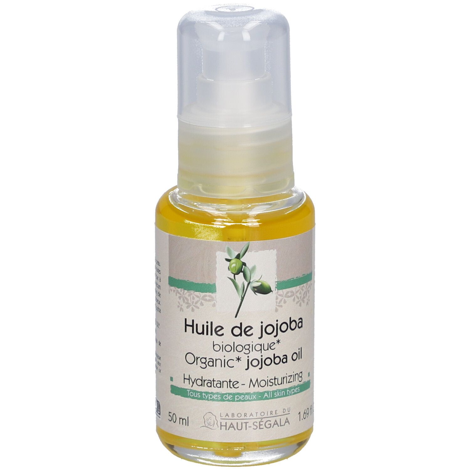 Jojoba-olieflesje met verstuiver. Opschrift: Huile de jojoba biologique, Organic Jojoba oil. Hydratante-Moisturizing. 1.69 fl.oz.