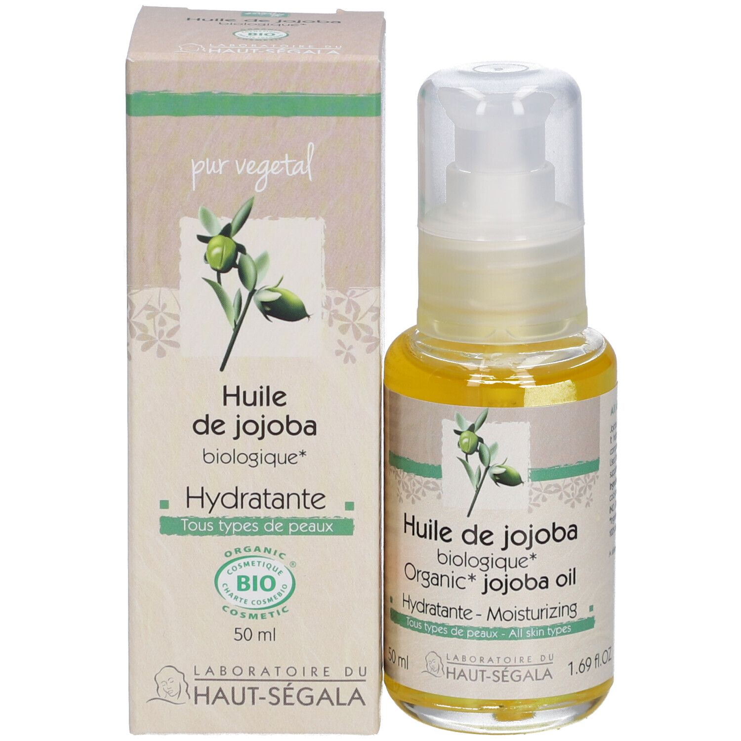 Jojoba-olieflesje met verstuiver en doos. Opschrift: Huile de jojoba biologique, Organic Jojoba oil. Hydratante-Moisturizing. 1.69 fl.oz.