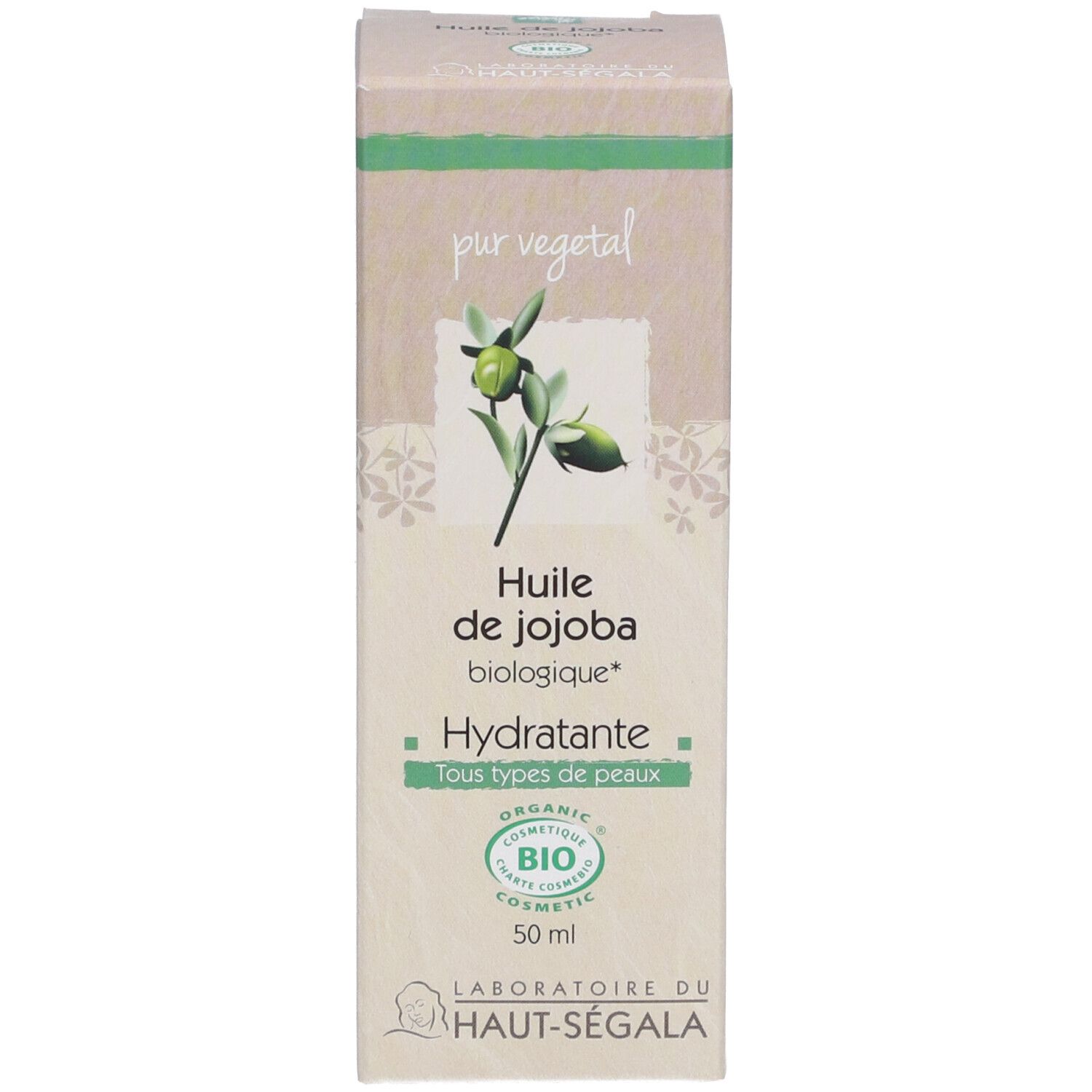 Doos met opschrift: Huile de jojoba biologique. Hydratante. Tous types de peaux. 50 ml. Certificering: Organic Cosmetic.