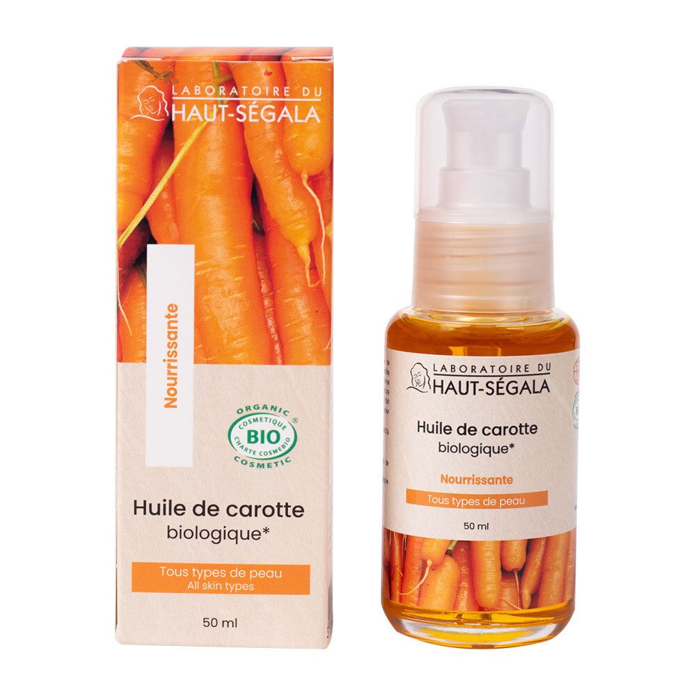 Huile de carotte biologique, Laboratoire du Haut-Ségala. Flacon et boîte. Inscription: Tous types de peau, Nourrissante.