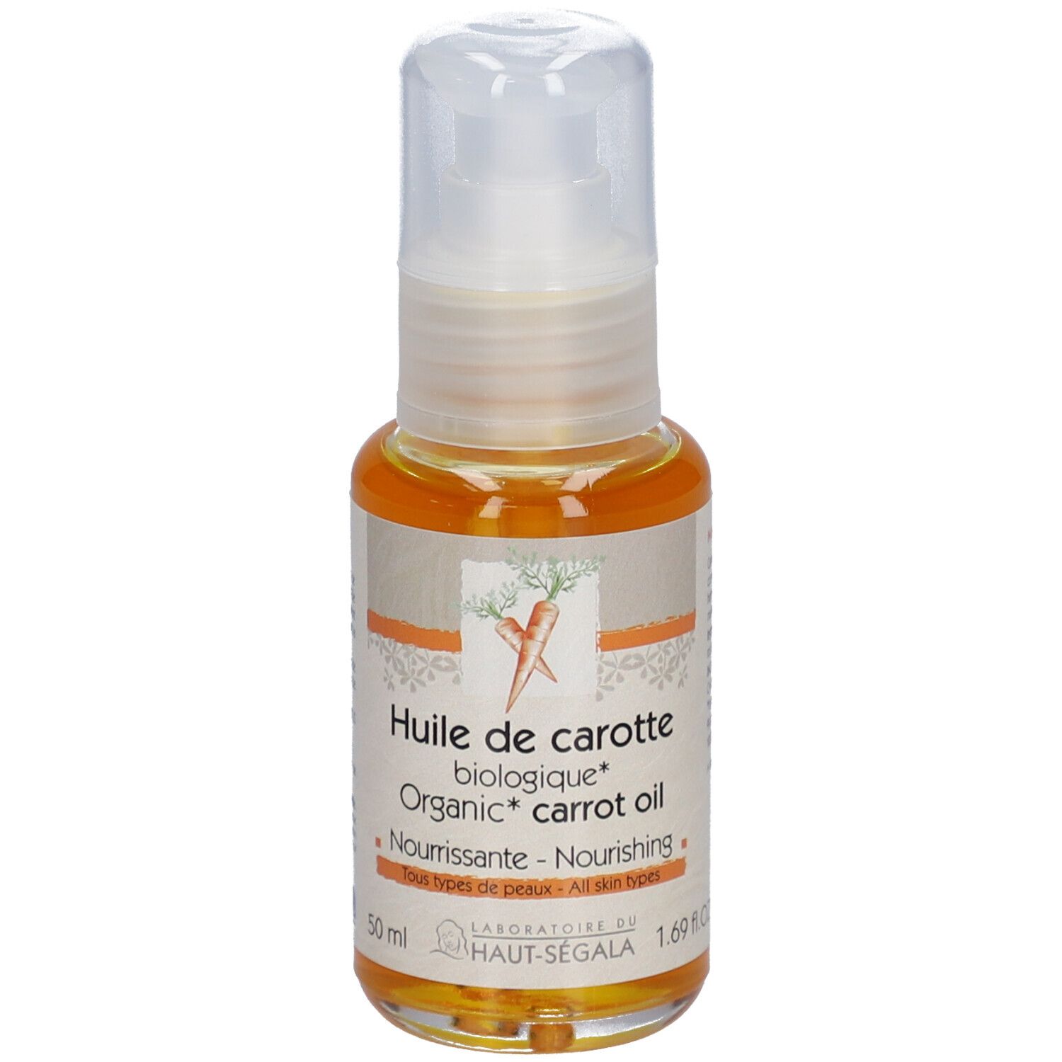 Huile de carotte biologique, Laboratoire du Haut-Ségala. Flacon pompe. Inscription: Nourrissante, Tous types de peau, Organic carrot oil.