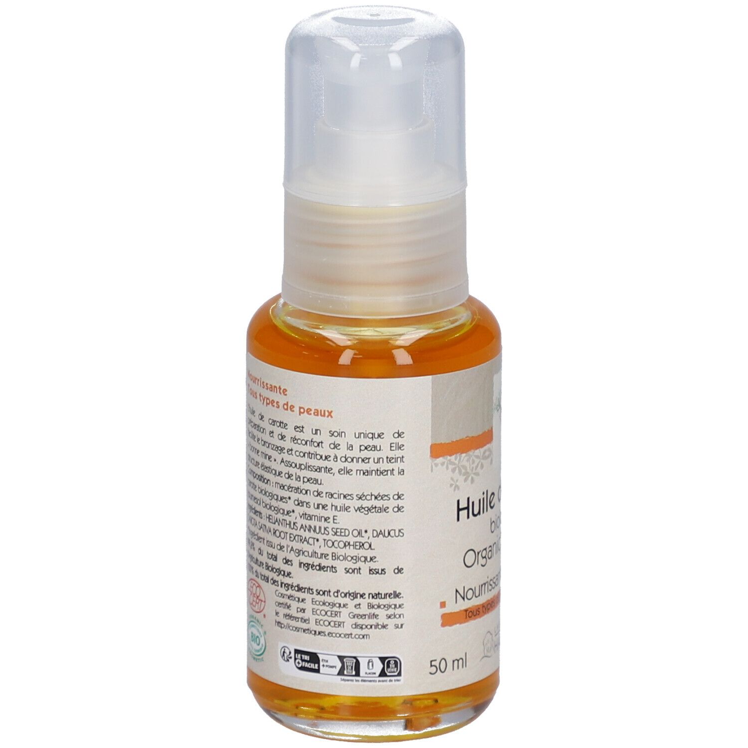 Huile de carotte biologique, Laboratoire du Haut-Ségala. Flacon pompe. Inscription: Nourrissante, Tous types de peau, Organic carrot oil.