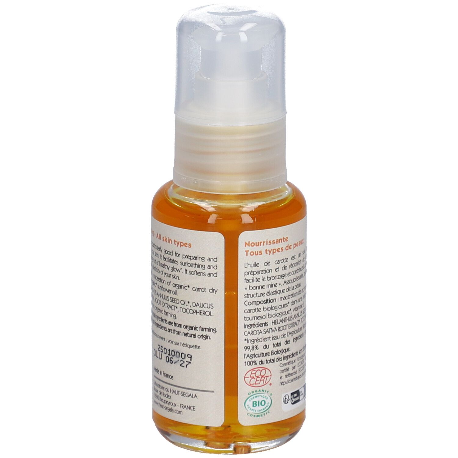 Huile de carotte biologique, Laboratoire du Haut-Ségala. Flacon pompe. Inscription: Nourrissante, Tous types de peau, Organic carrot oil.