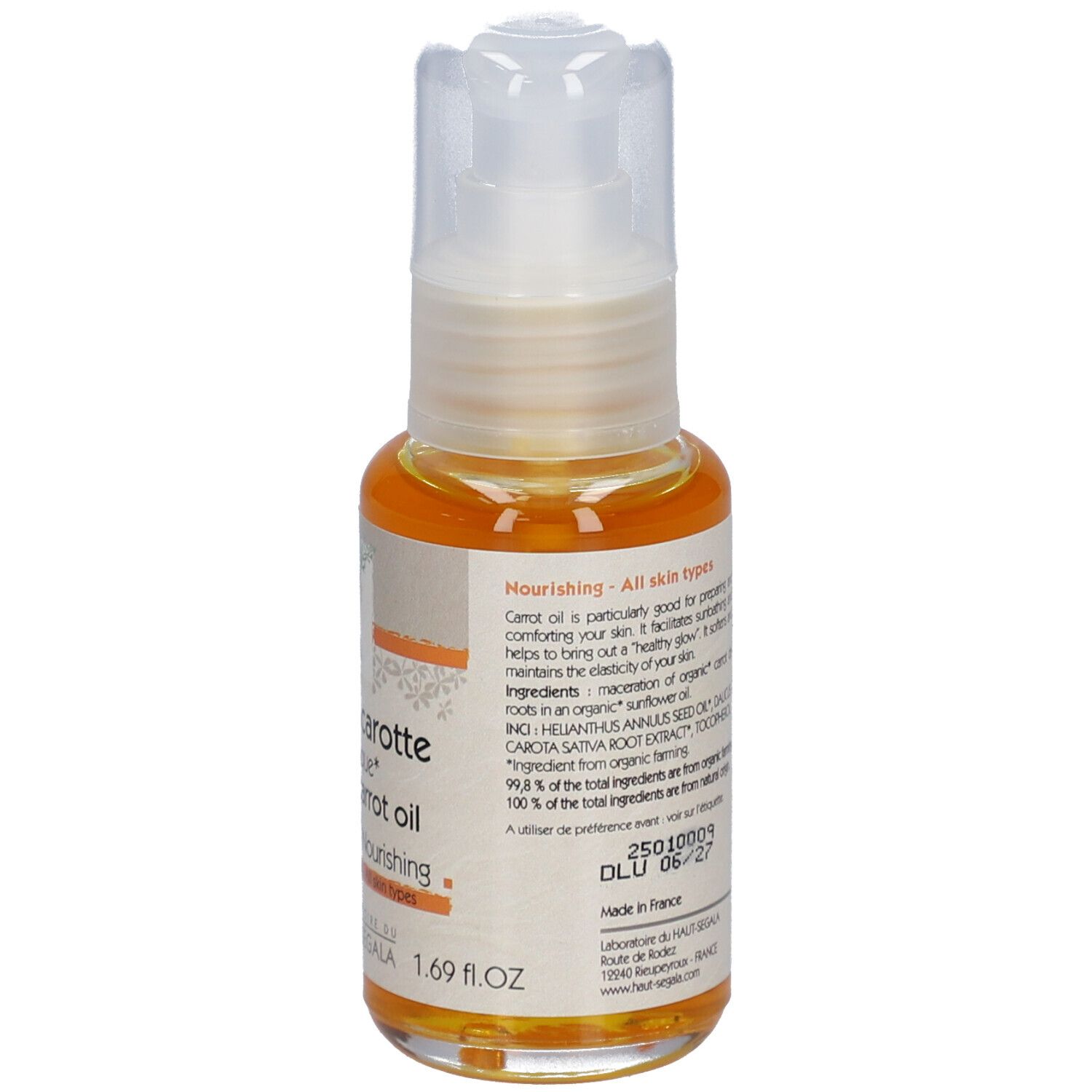 Huile de carotte biologique, Laboratoire du Haut-Ségala. Flacon pompe. Inscription: Nourrissante, Tous types de peau, Organic carrot oil.